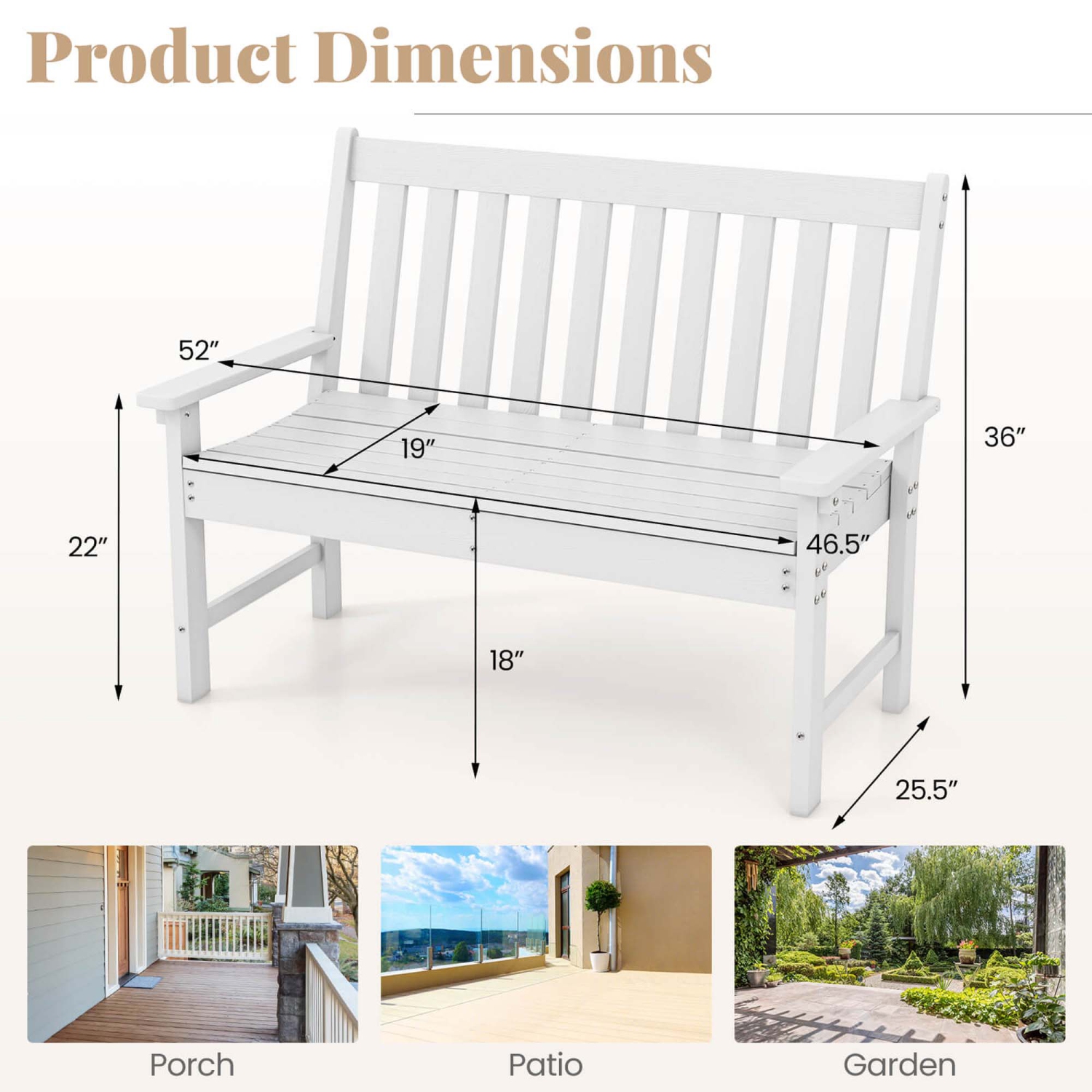 Costway Garden Bench All-Weather HDPE 2-Person Outdoor Bench for Front Porch Backyard