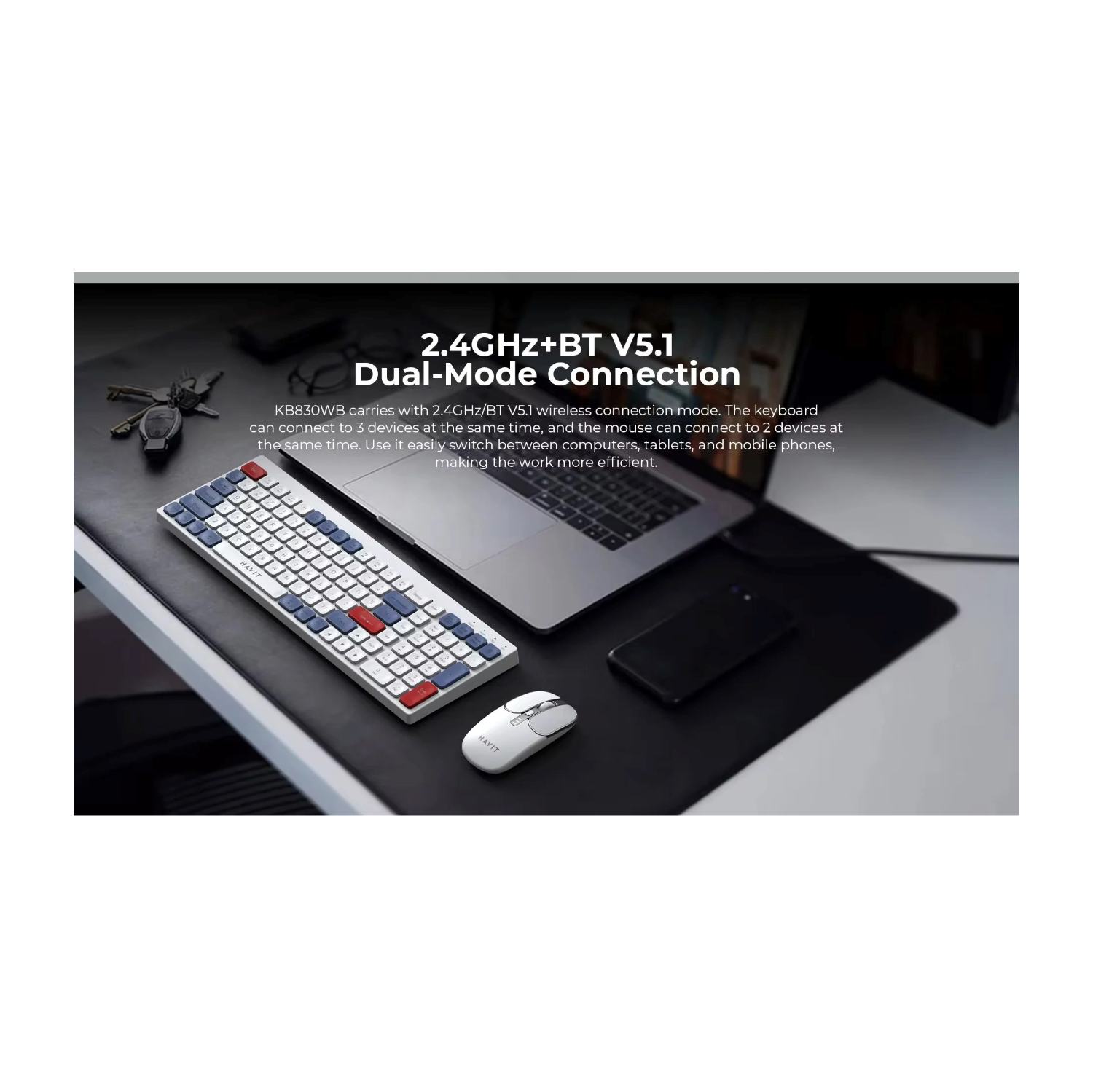 HAVIT KB830WB Dual-Mode Wireless 2.4Ghz + Bluetooth V5.1 keyboard and Mouse Combo Set_White