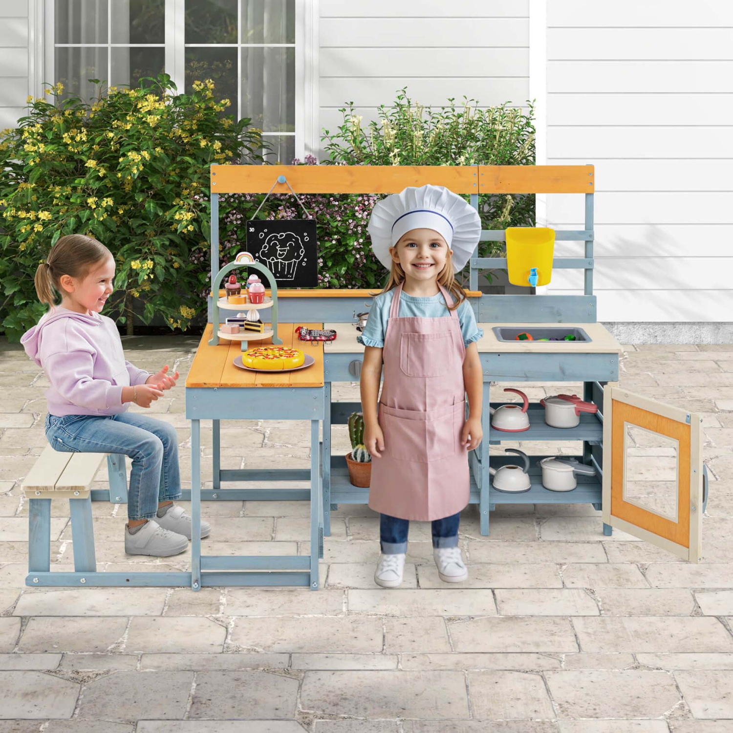 Costway Mud Kitchen with Kids Picnic Table Built-in Bench Blackboard Water Box Sink
