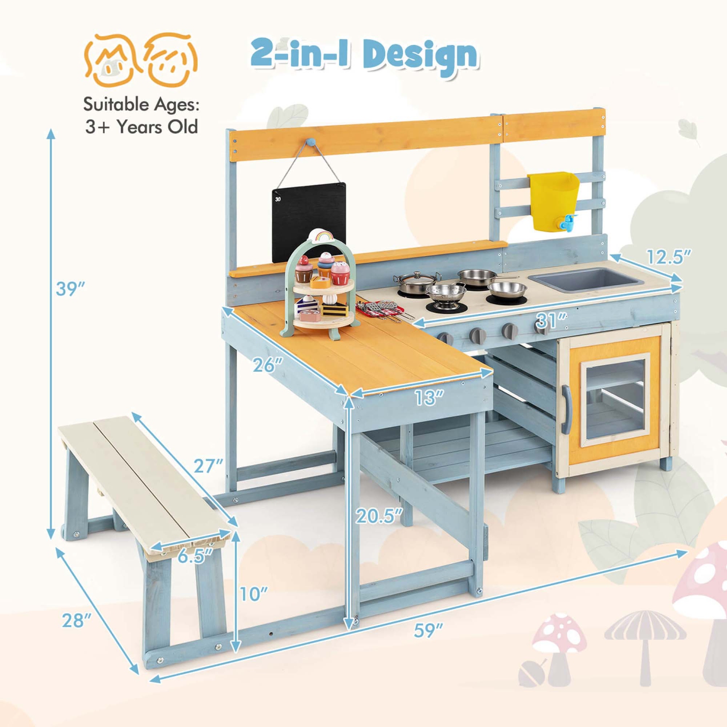 Costway Mud Kitchen with Kids Picnic Table Built-in Bench Blackboard Water Box Sink