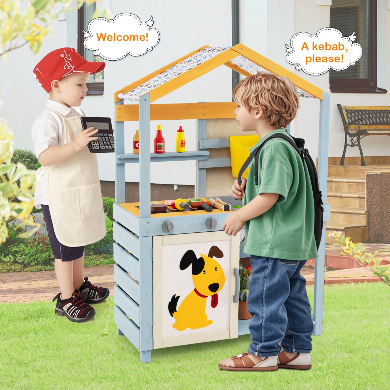 Costway 2 in 1 Wooden Mud Kitchen Outdoor Play Kitchen & Grocery Store with Sink