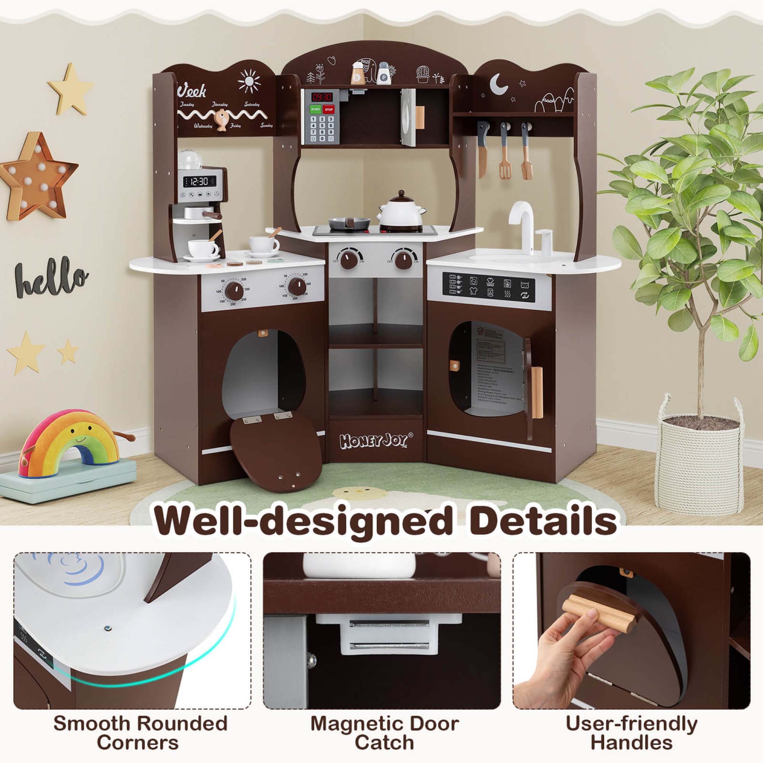 Ensemble de jeu de cuisine d'angle Honeyjoy avec machine à café Four Four à micro-ondes Laveuse