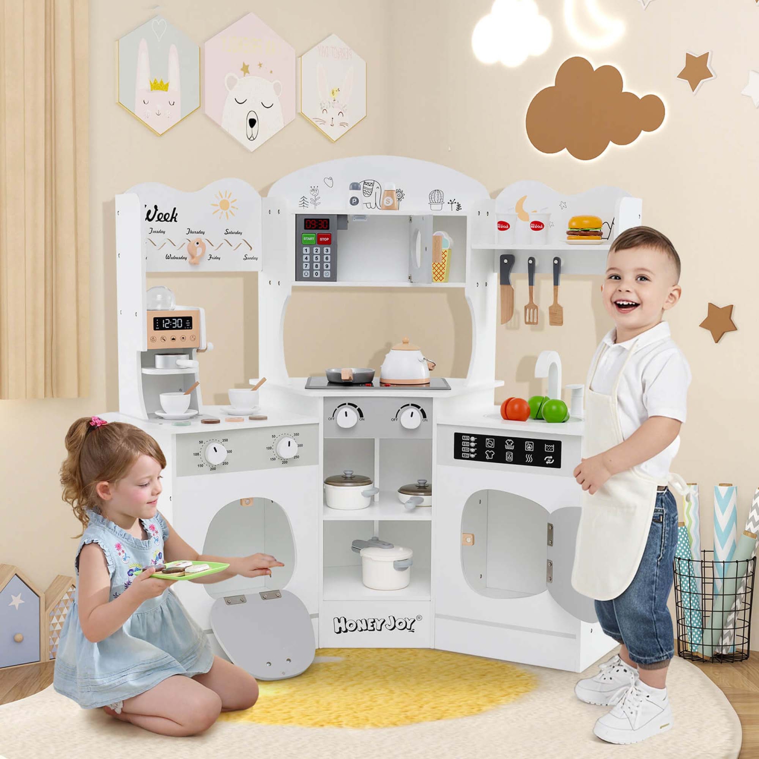 Honeyjoy Corner Kitchen Playset with Coffee Machine Oven Microwave Washing Machine