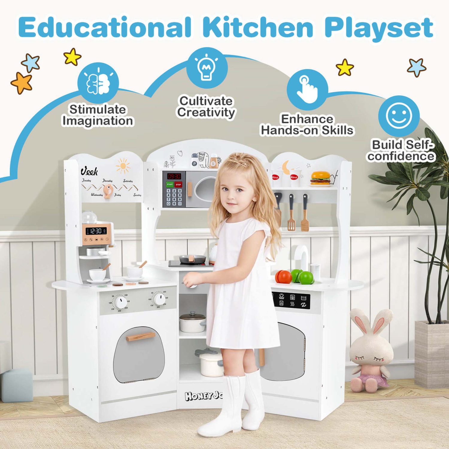 Honeyjoy Corner Kitchen Playset with Coffee Machine Oven Microwave Washing Machine