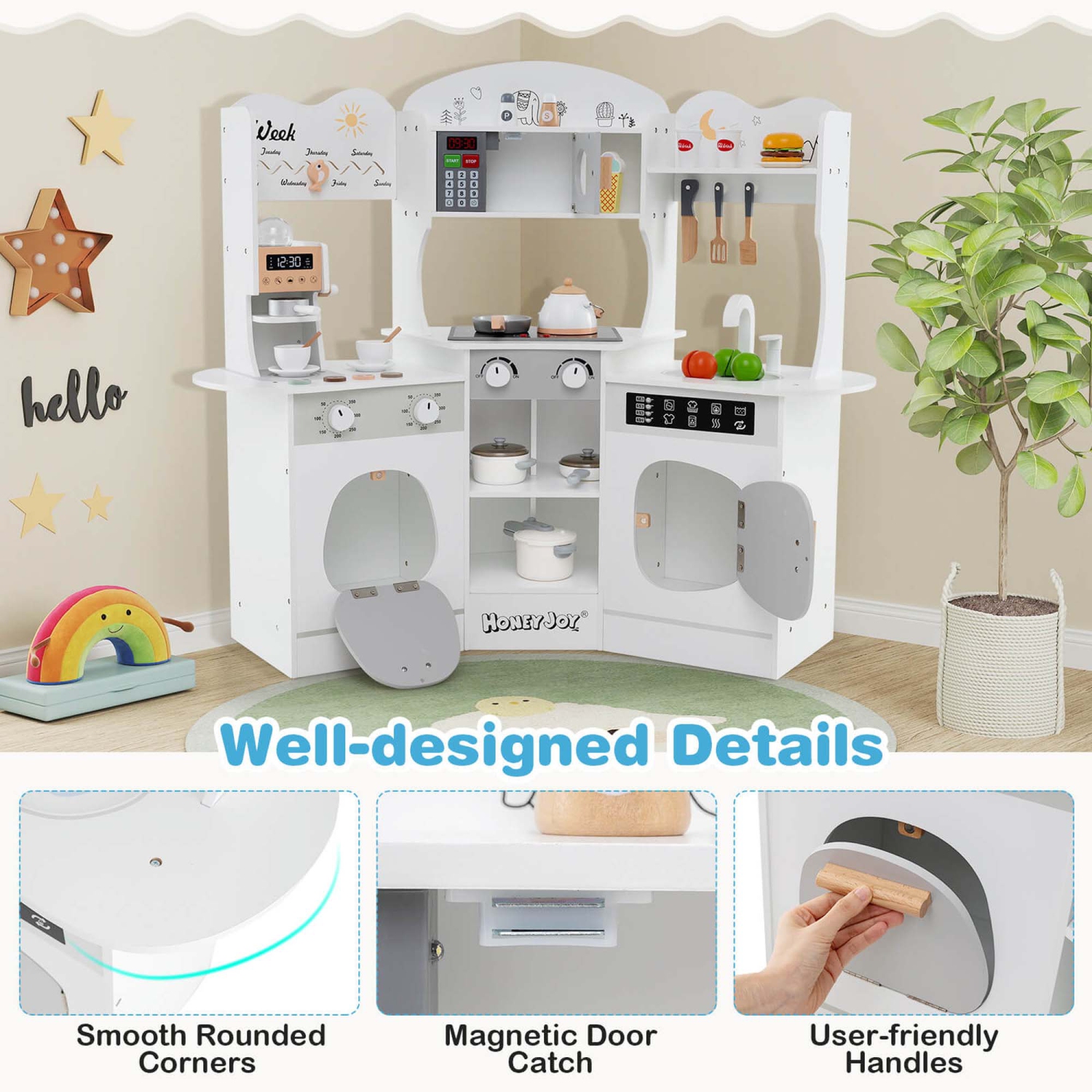 Honeyjoy Corner Kitchen Playset with Coffee Machine Oven Microwave Washing Machine