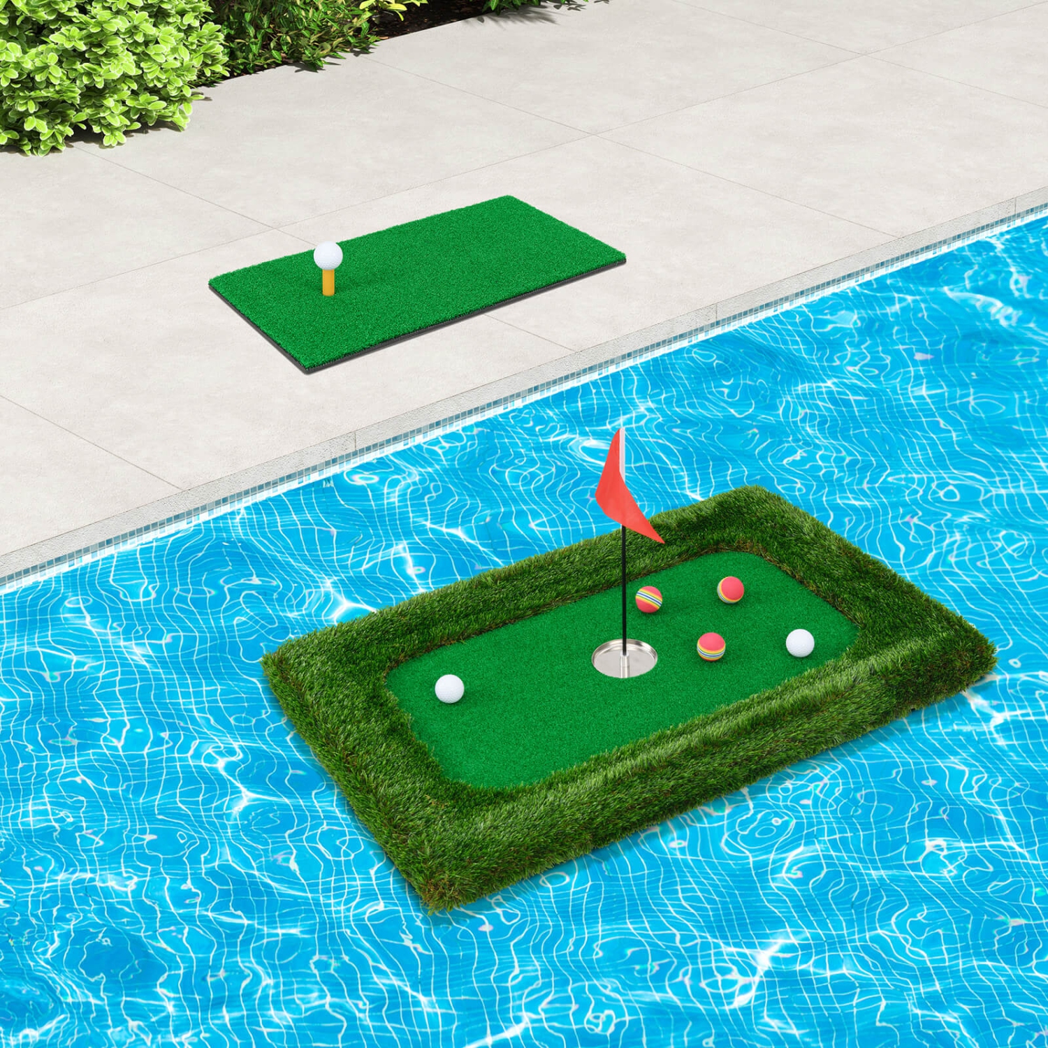 Costway Rectangular Floating Golf Green for Pool Includes Golf Hitting Mat 6 Golf Balls