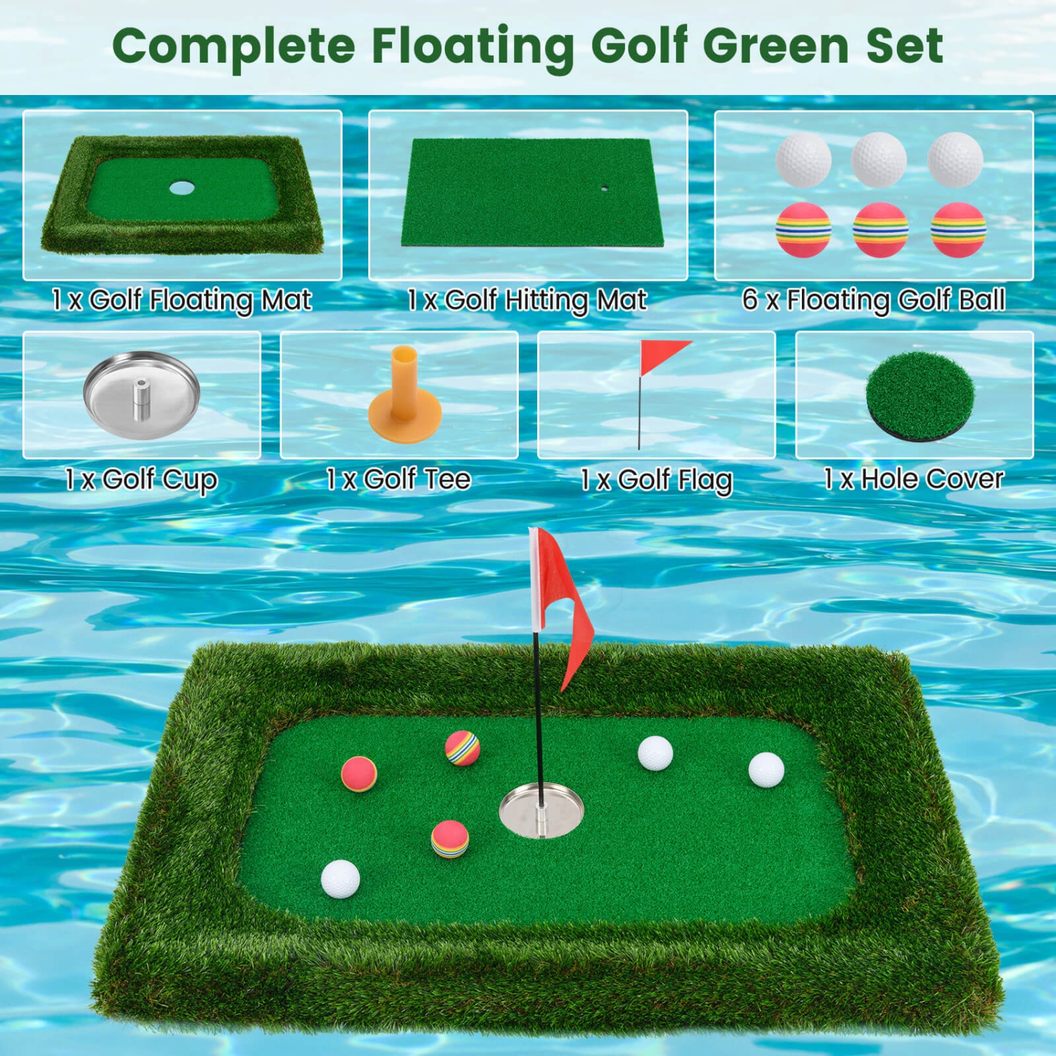 Costway Rectangular Floating Golf Green for Pool Includes Golf Hitting Mat 6 Golf Balls