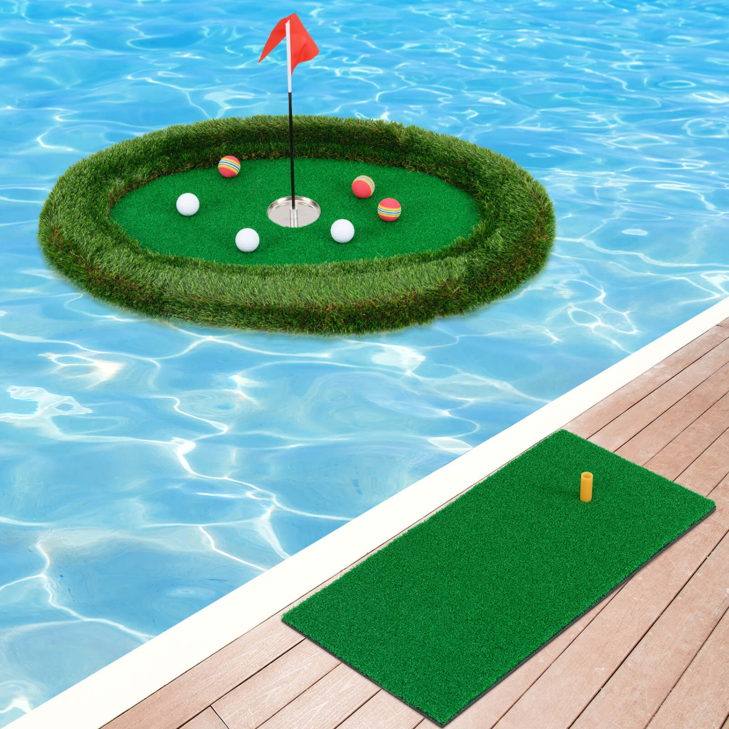 Costway Oval Floating Golf Green Includes Golf Hitting Mat 6 Golf Balls Golf Flag