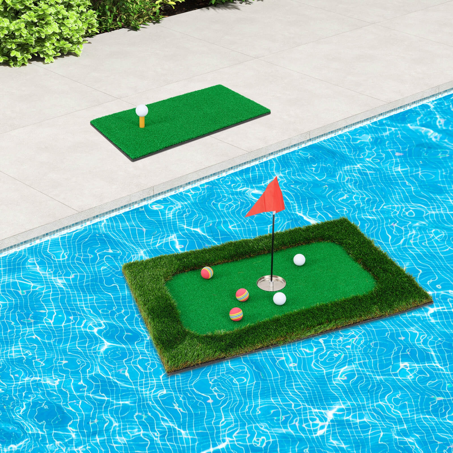 Le tapis de golf flottant rectangulaire vert pour piscine de Costway comprend 6 balles de golf