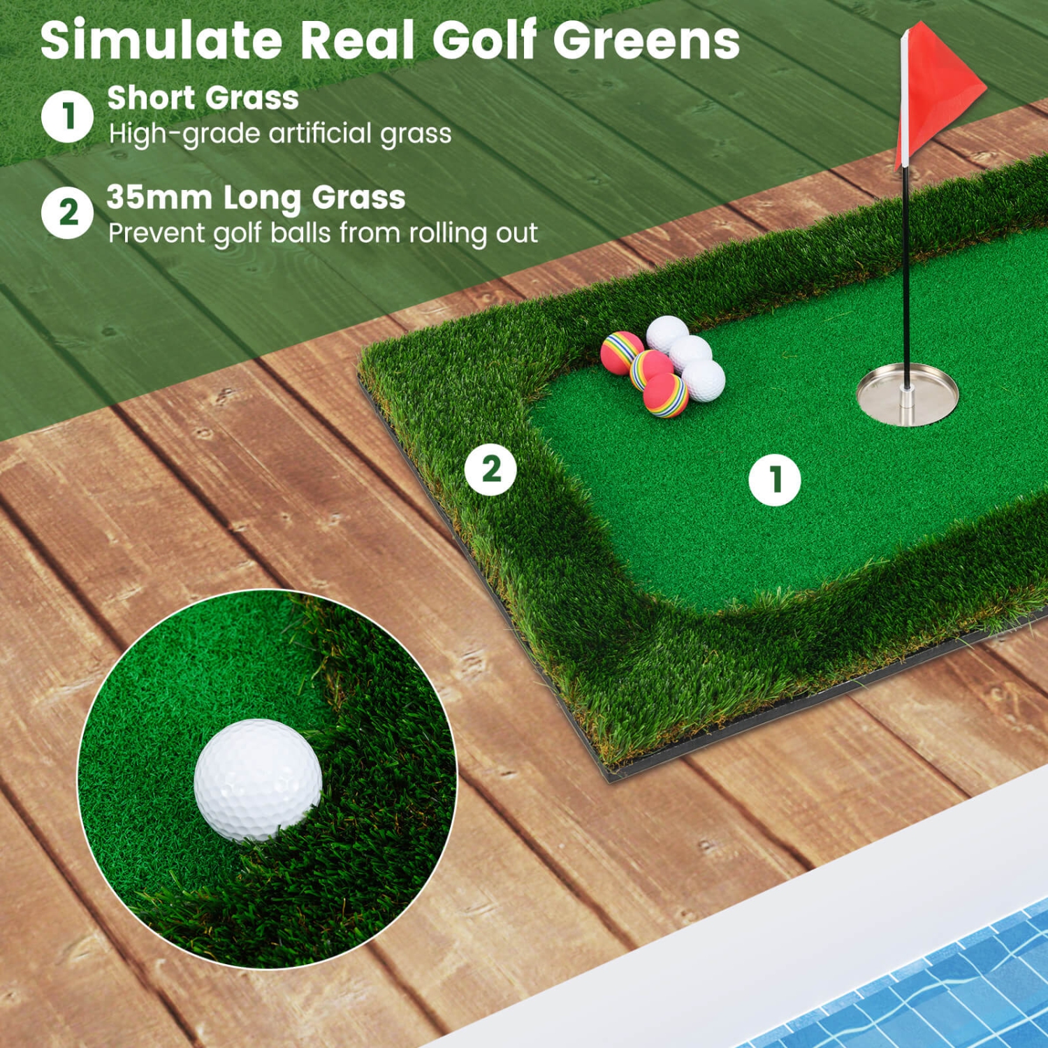 Le tapis de golf flottant rectangulaire vert pour piscine de Costway comprend 6 balles de golf