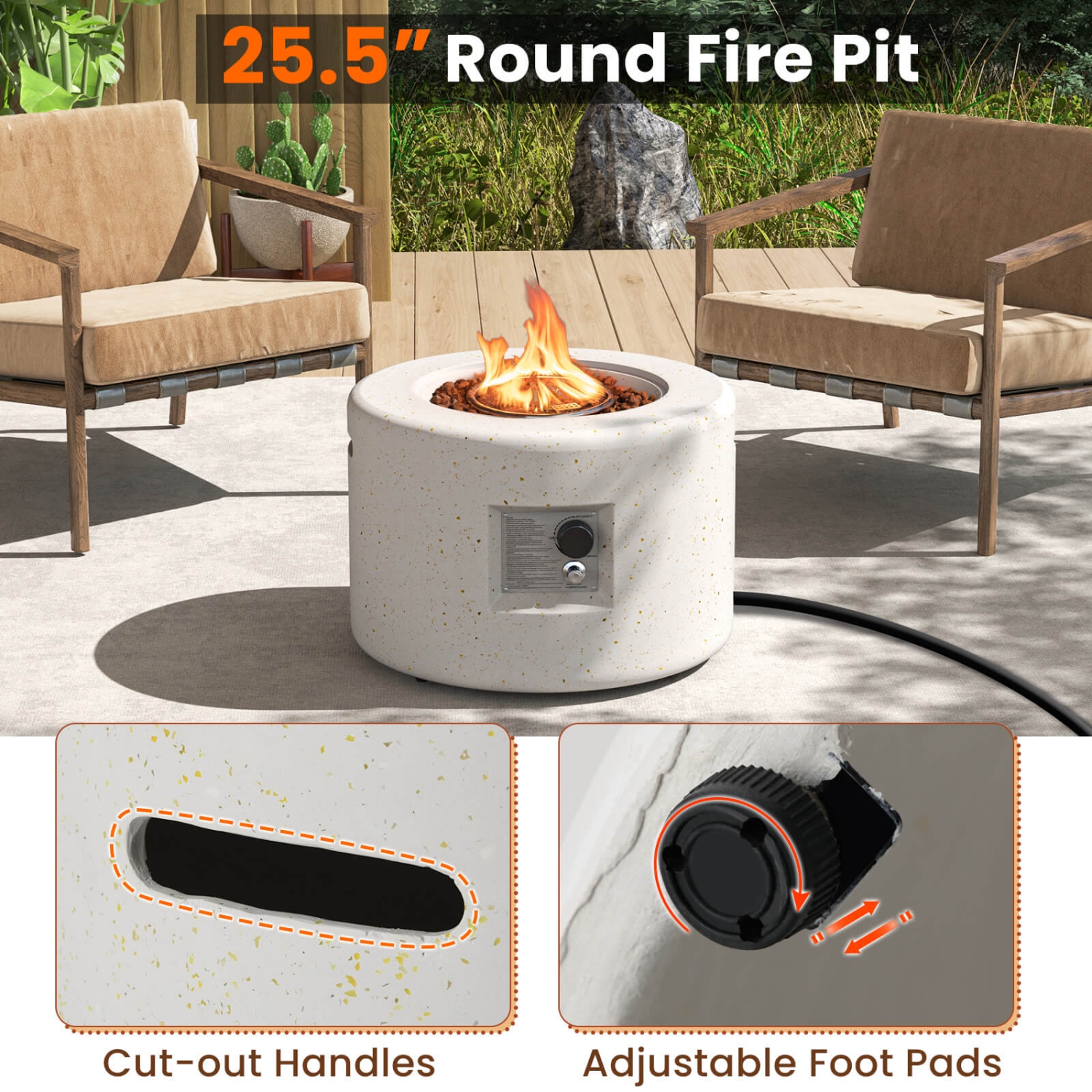 Costway 25.5" Round Terrazzo Propane Gas Fire Pit with Stainless Steel Burner & Lava Rocks