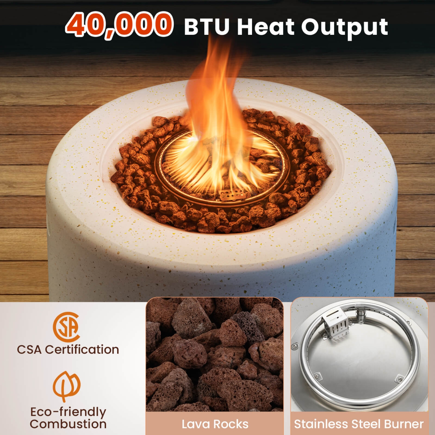 Costway 25.5" Round Terrazzo Propane Gas Fire Pit with Stainless Steel Burner & Lava Rocks