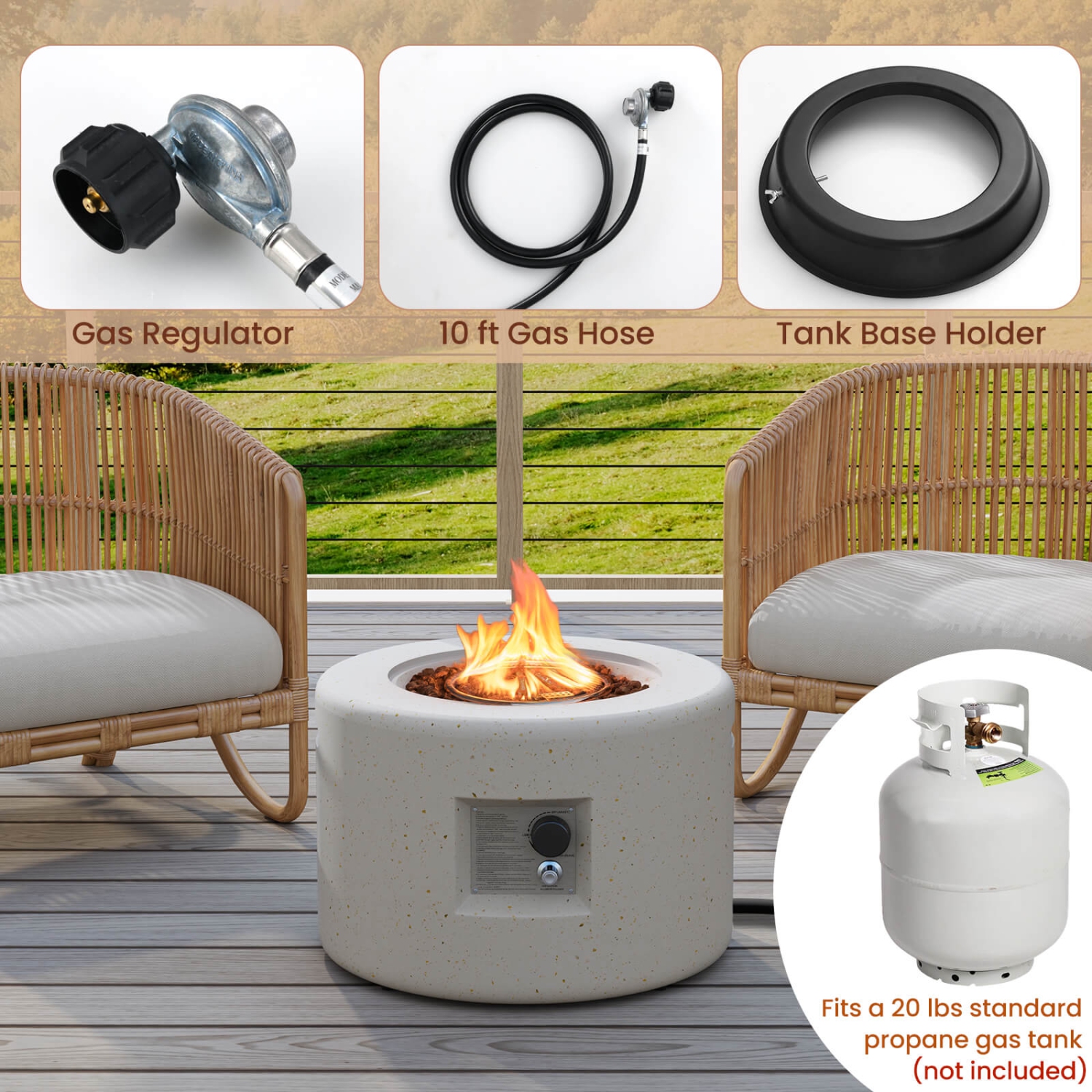Costway 25.5" Round Terrazzo Propane Gas Fire Pit with Stainless Steel Burner & Lava Rocks