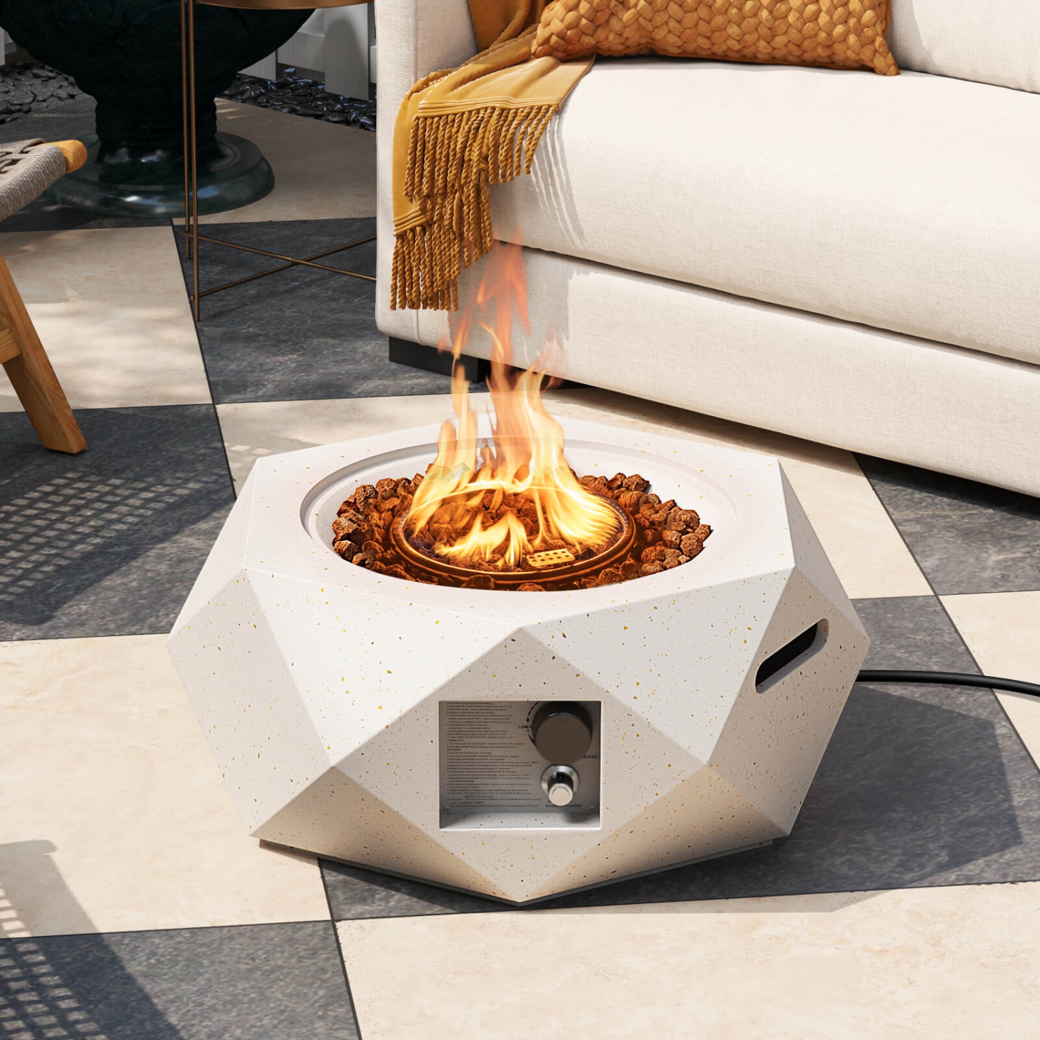 Costway 28" Hexagon Terrazzo Propane Gas Fire Pit with Stainless Steel Burner & Lava Rocks