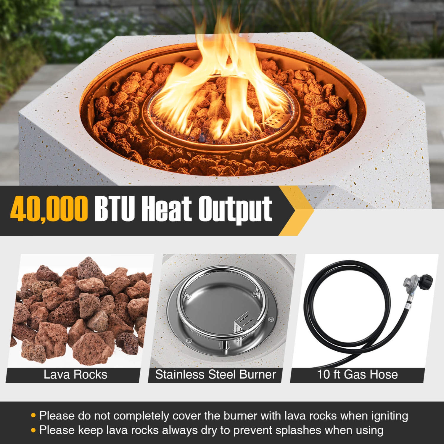 Costway 28" Hexagon Terrazzo Propane Gas Fire Pit with Stainless Steel Burner & Lava Rocks