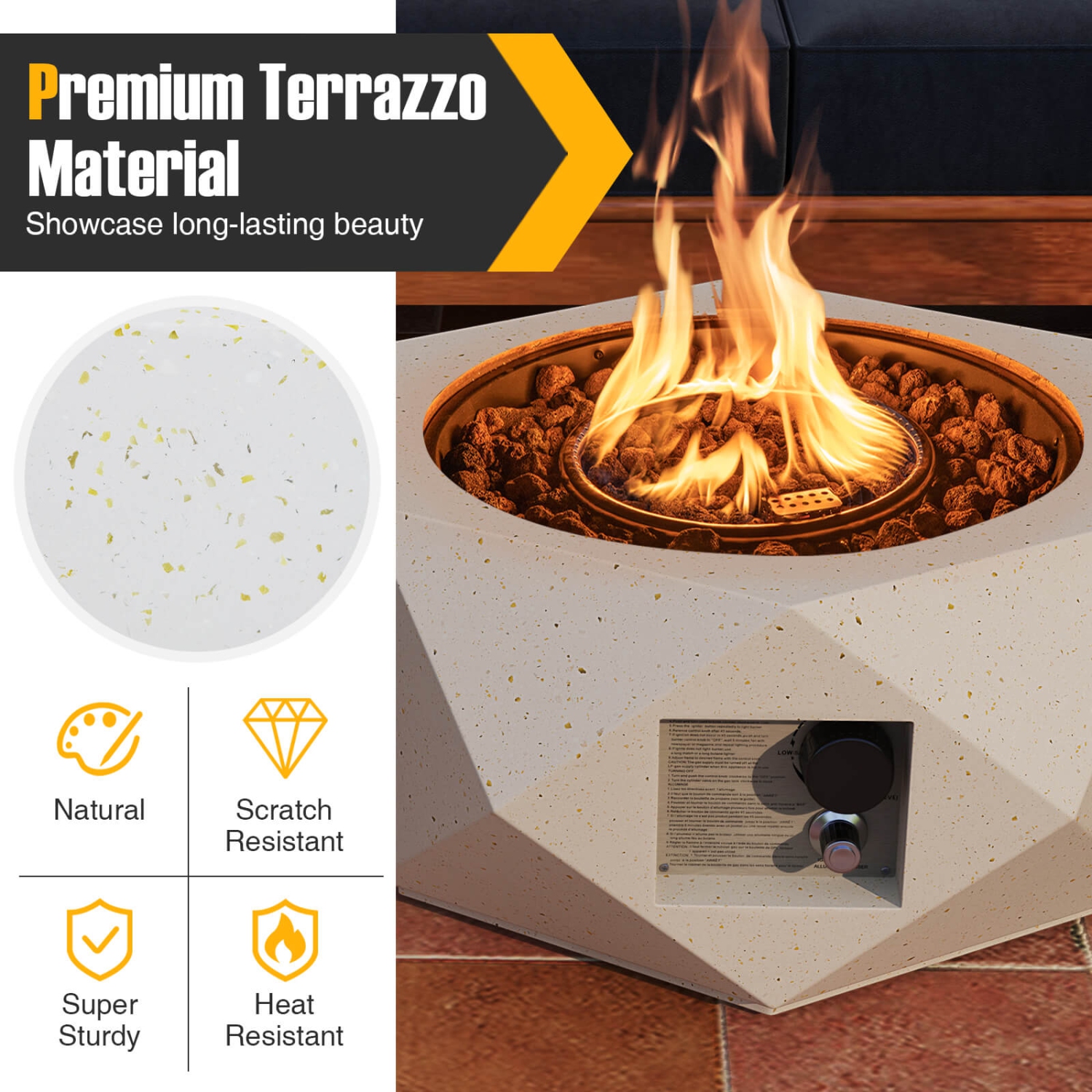 Costway 28" Hexagon Terrazzo Propane Gas Fire Pit with Stainless Steel Burner & Lava Rocks