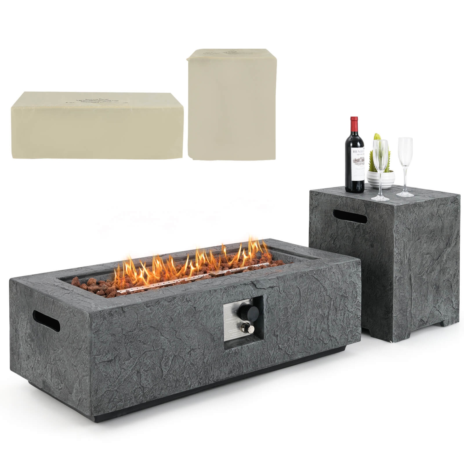 Costway 42.5" Magnesium Oxide Propane Gas Fire Pit with Hideaway Tank Holder Lava Rocks
