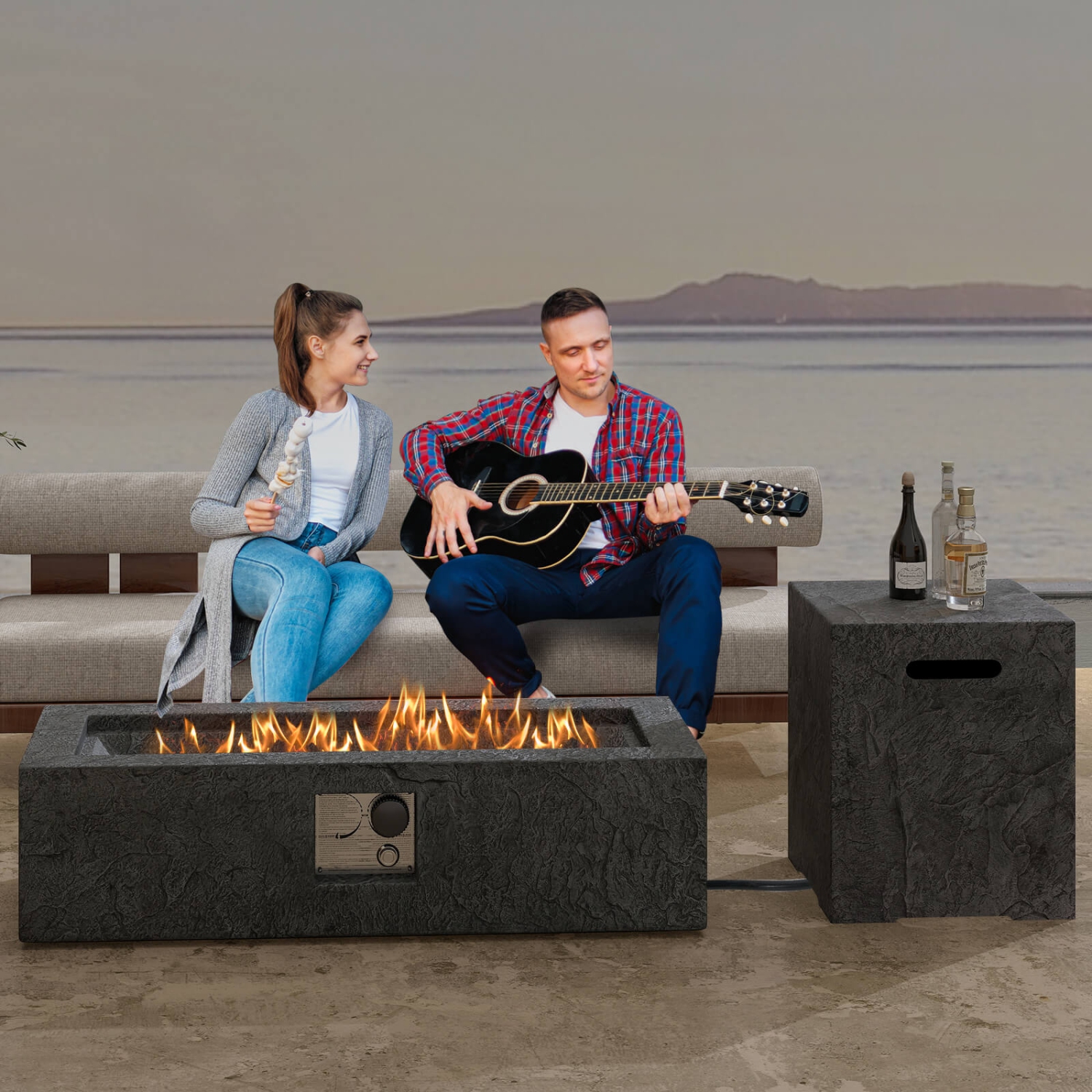 Costway 42.5" Magnesium Oxide Propane Gas Fire Pit with Hideaway Tank Holder Lava Rocks