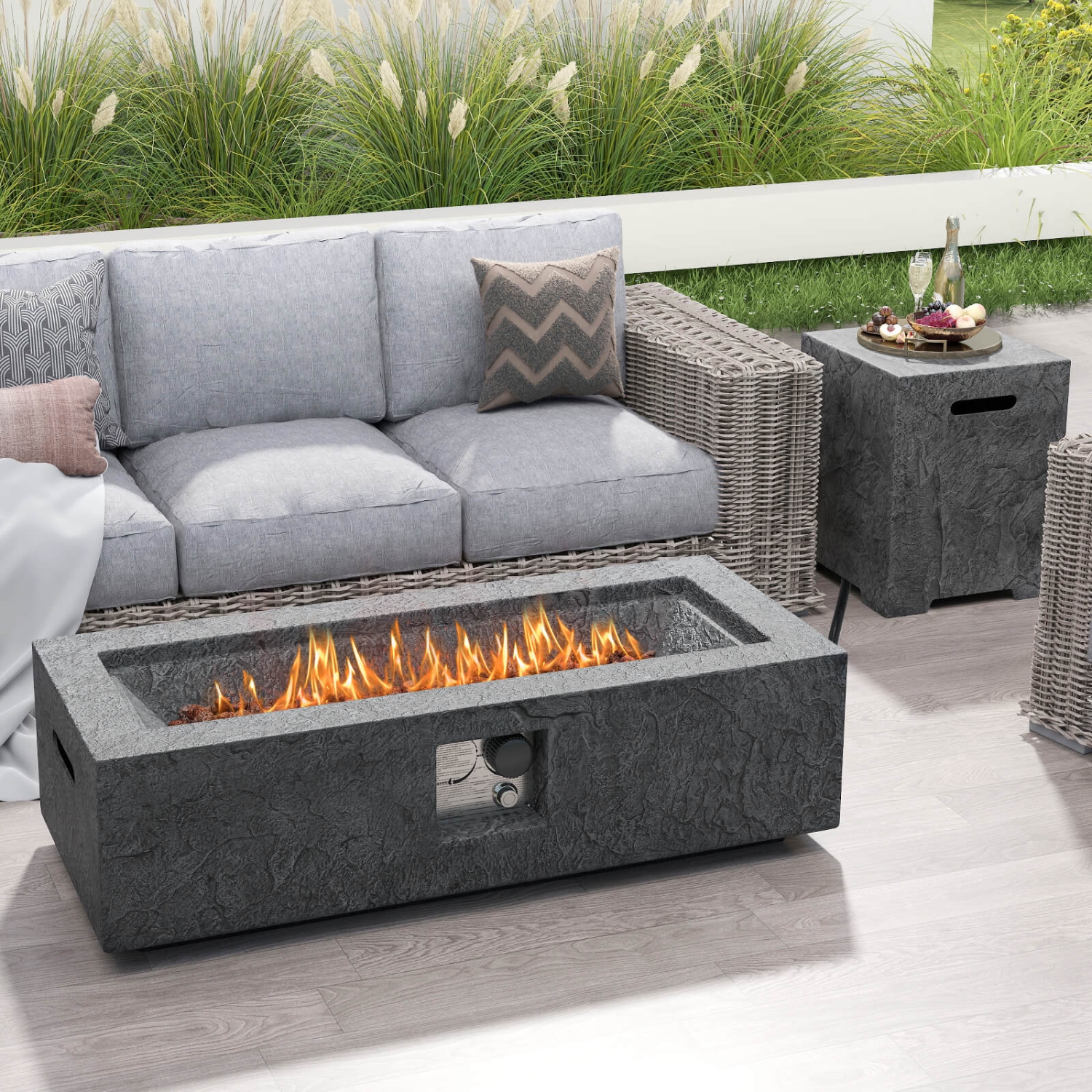 Costway 42.5" Magnesium Oxide Propane Gas Fire Pit with Hideaway Tank Holder Lava Rocks