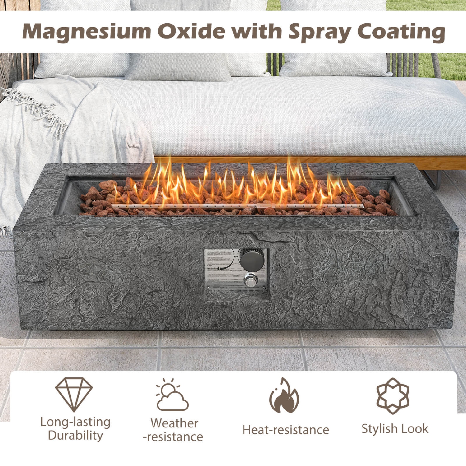 Costway 42.5" Magnesium Oxide Propane Gas Fire Pit with Hideaway Tank Holder Lava Rocks