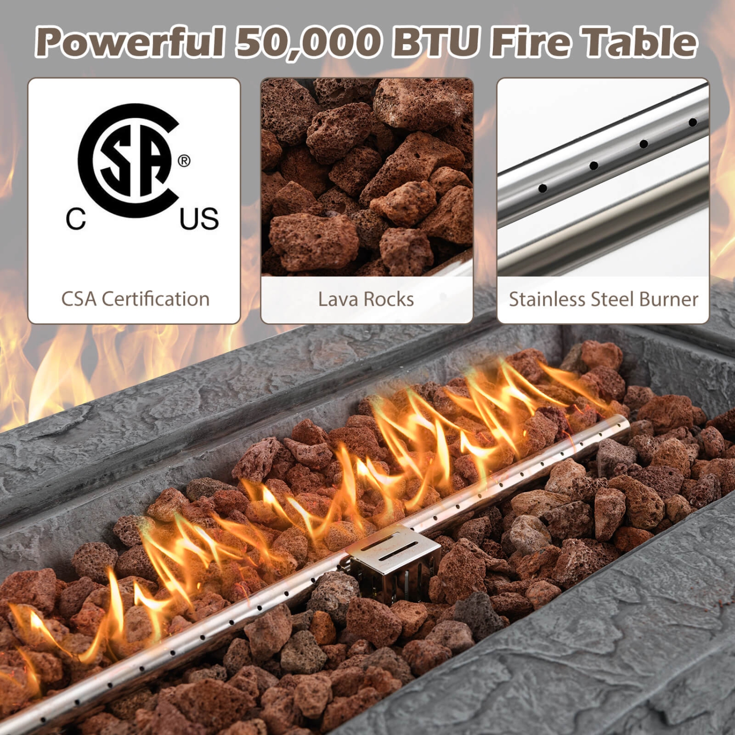 Costway 42.5" Magnesium Oxide Propane Gas Fire Pit with Hideaway Tank Holder Lava Rocks