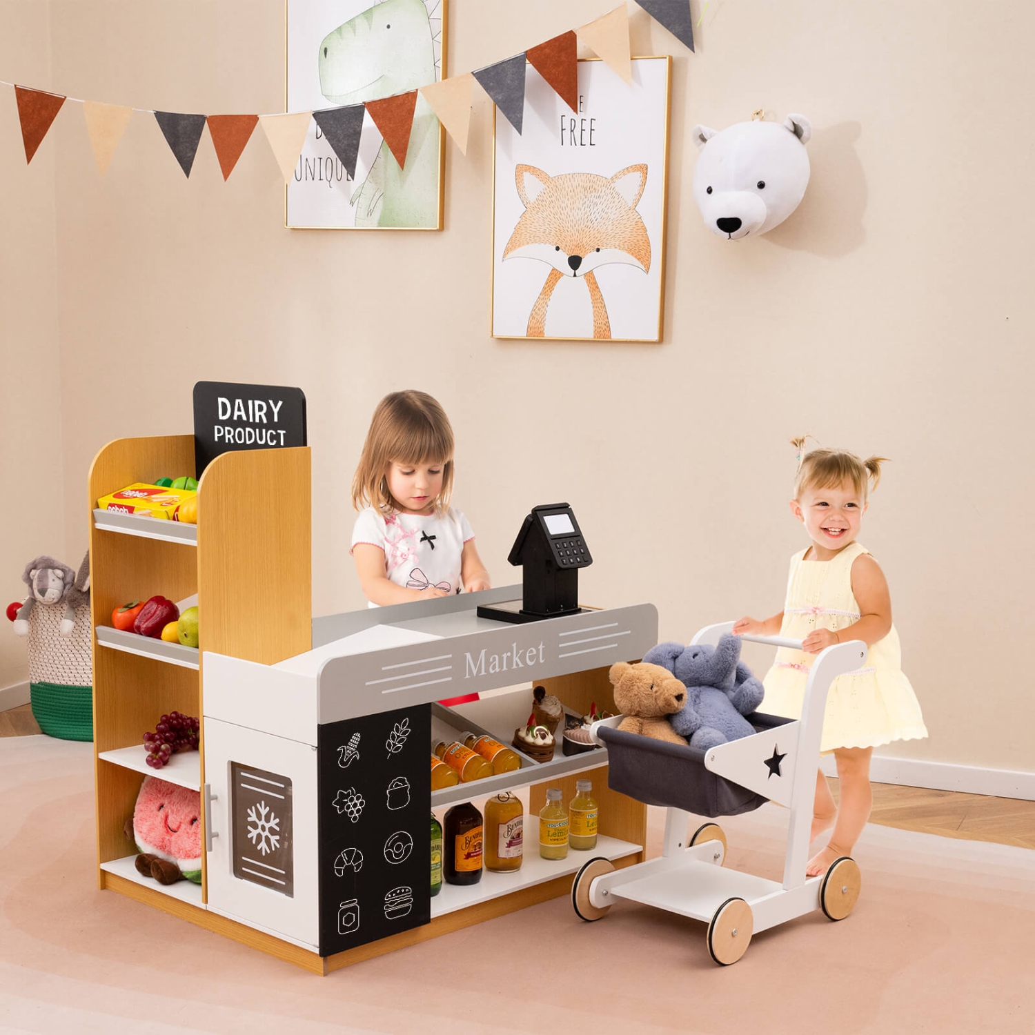 Costway Kids Grocery Store with Shopping Cart Cash Register Scanner Blackboards Toddlers