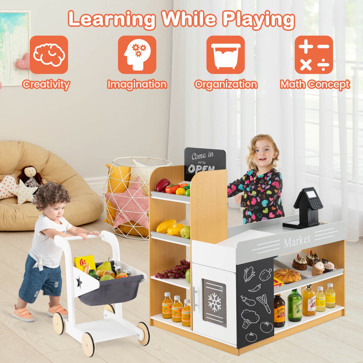 Costway Kids Grocery Store with Shopping Cart Cash Register Scanner Blackboards Toddlers