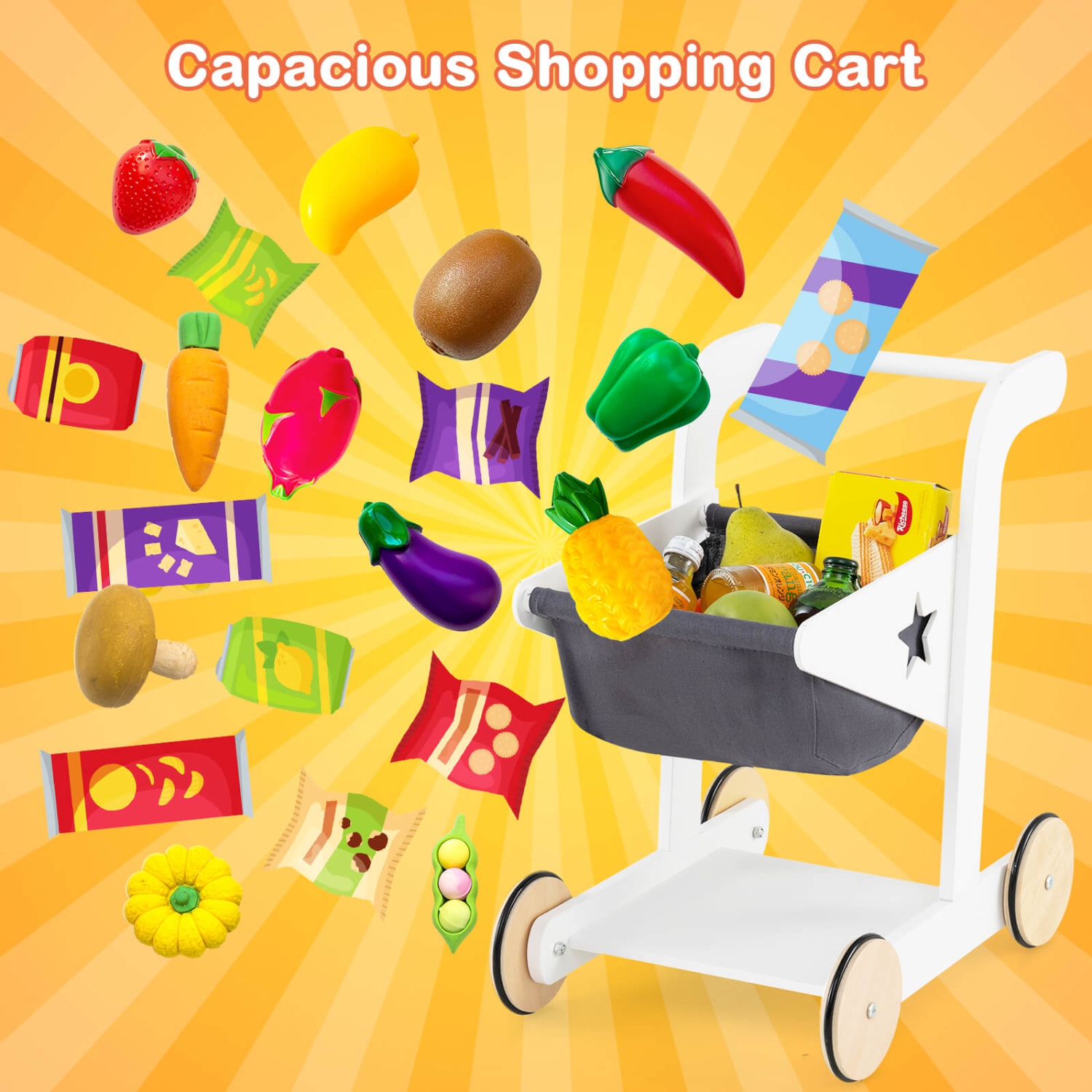 Costway Kids Grocery Store with Shopping Cart Cash Register Scanner Blackboards Toddlers