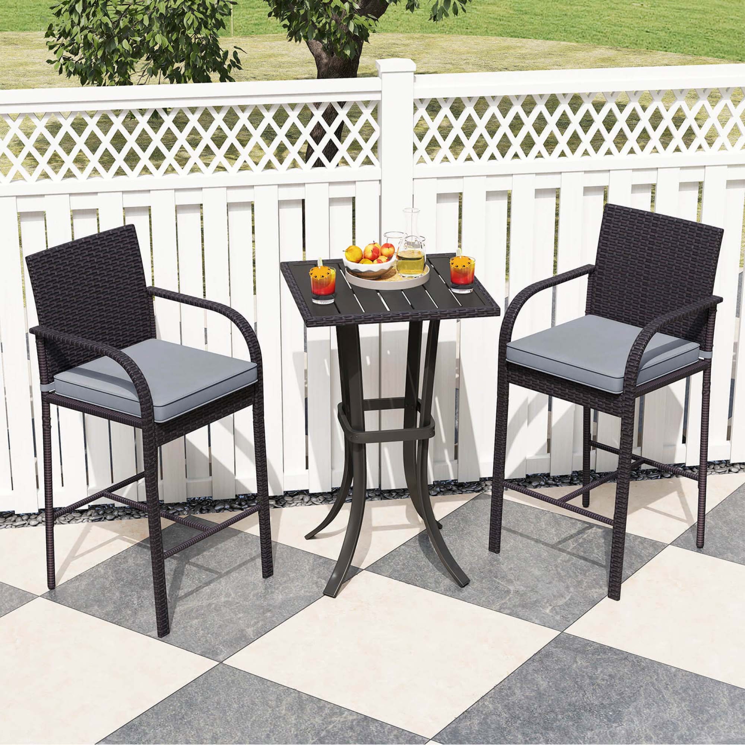 Ensemble de patio en osier 3 PCS de Costway – Chaises en rotin et table carrée avec cadre en métal robuste