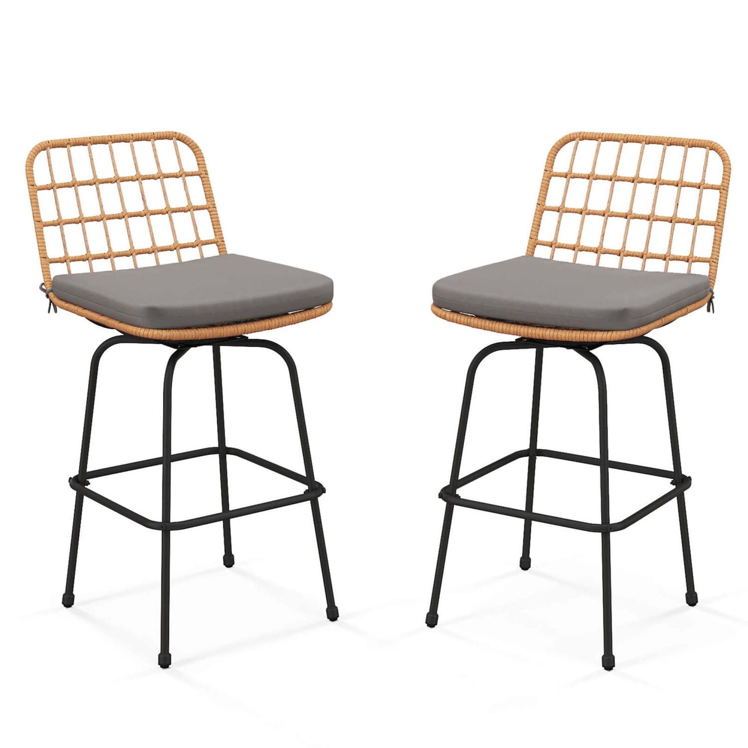 Costway Patio 360° Swivel Bar Stools Set of 2 with Backrests & Footrests Soft Seat Cushions