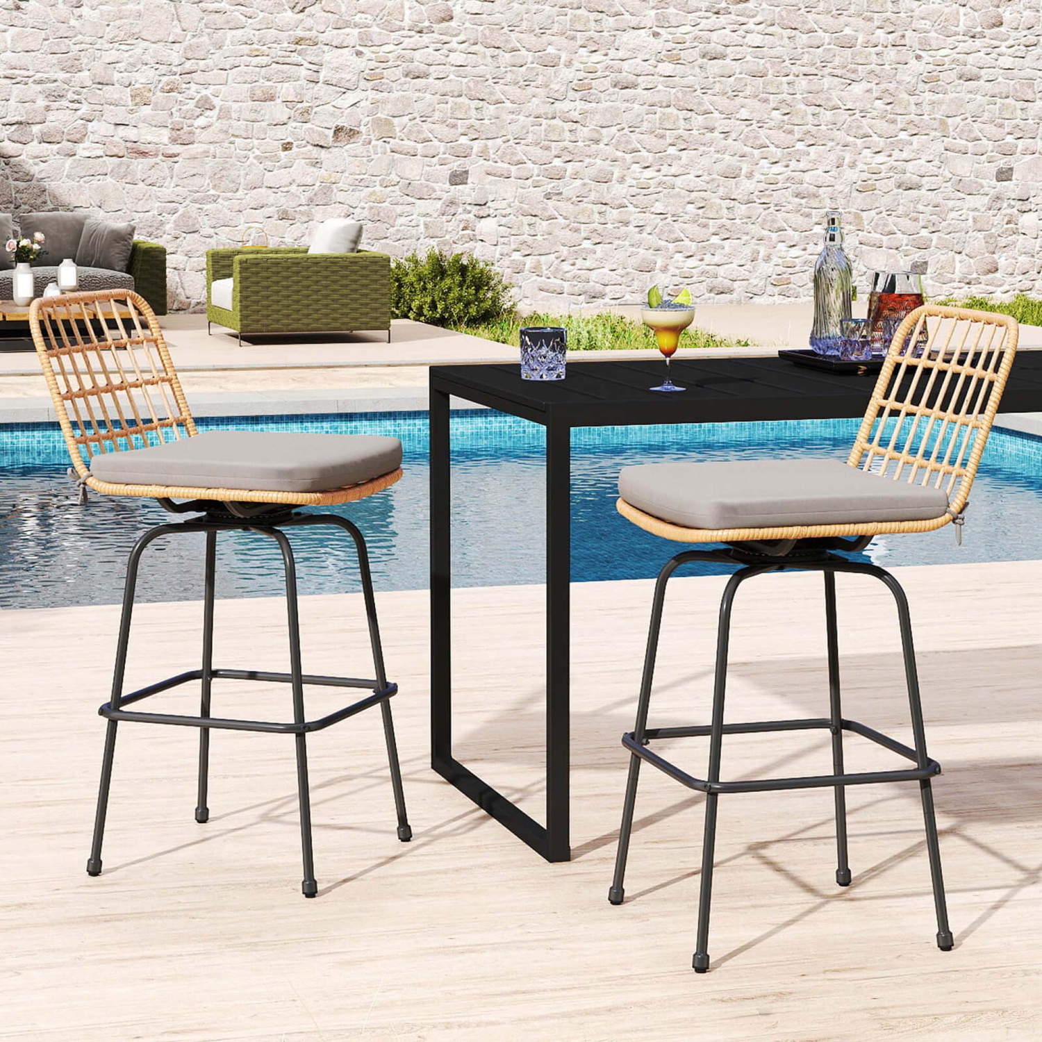 Costway Patio 360° Swivel Bar Stools Set of 2 with Backrests & Footrests Soft Seat Cushions