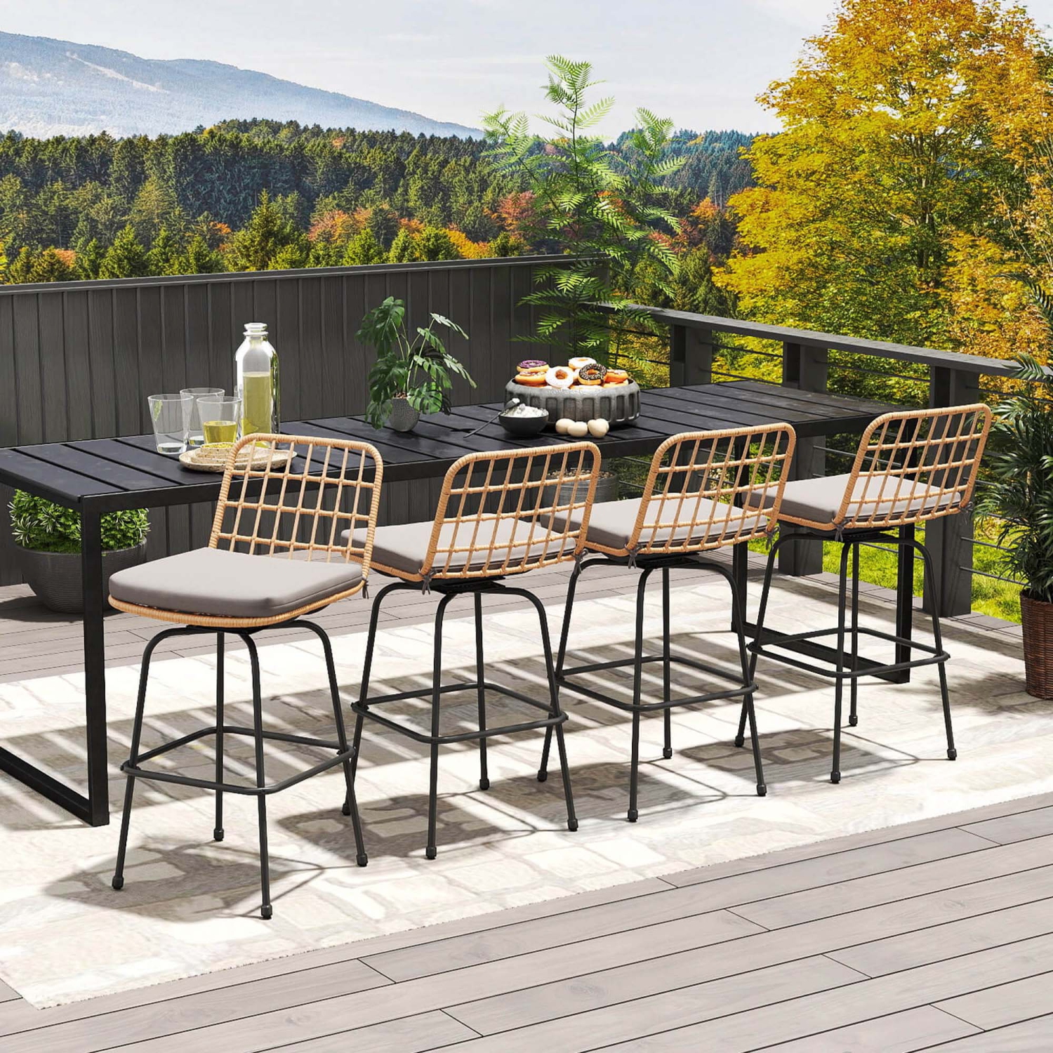 Costway Patio 360° Swivel Bar Stools Set of 2 with Backrests & Footrests Soft Seat Cushions