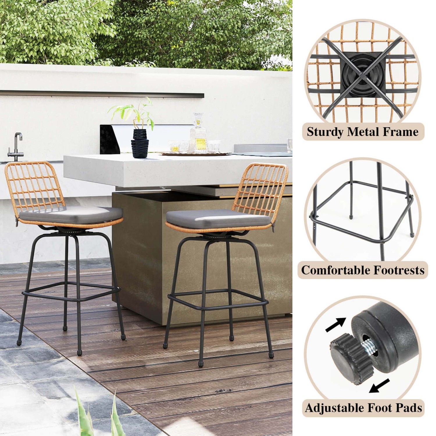 Costway Patio 360° Swivel Bar Stools Set of 2 with Backrests & Footrests Soft Seat Cushions