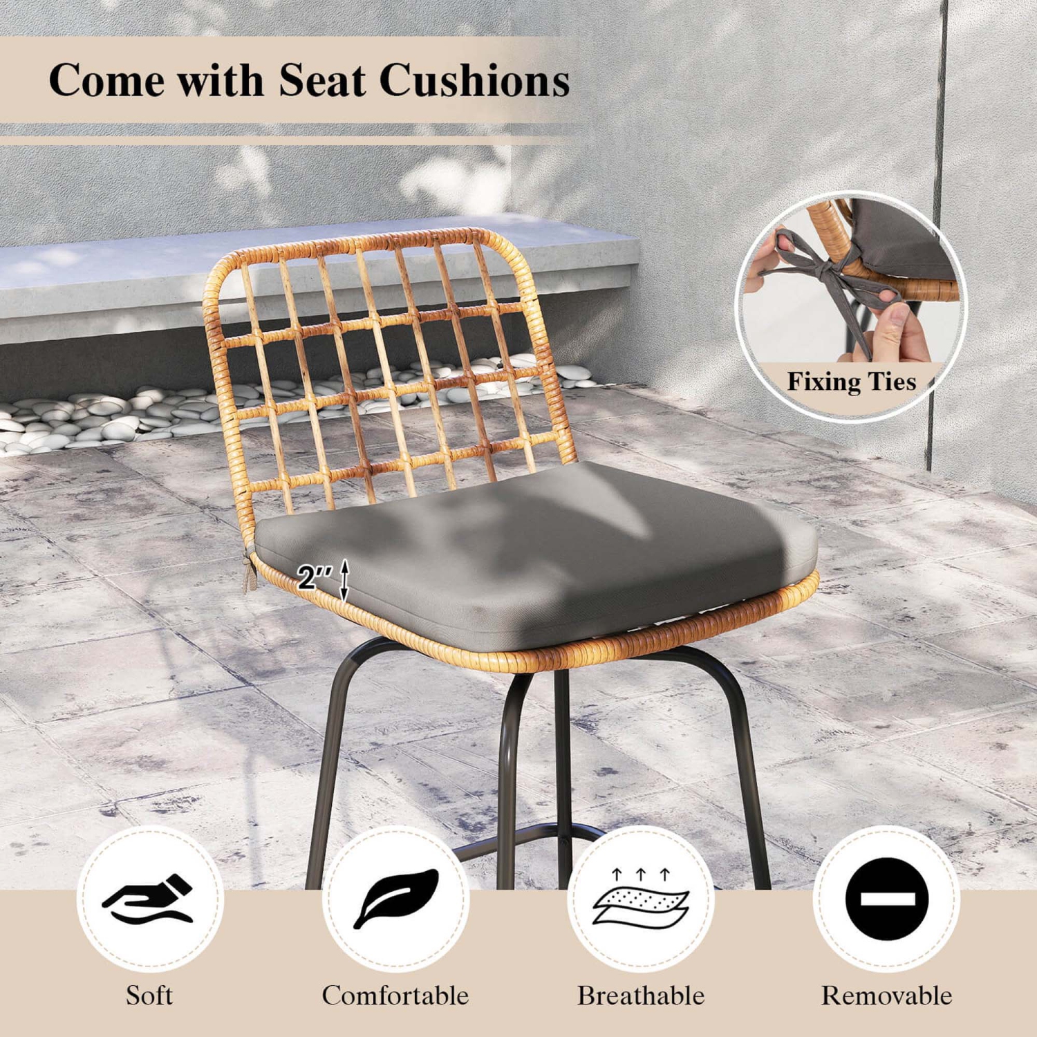 Costway Patio 360° Swivel Bar Stools Set of 2 with Backrests & Footrests Soft Seat Cushions