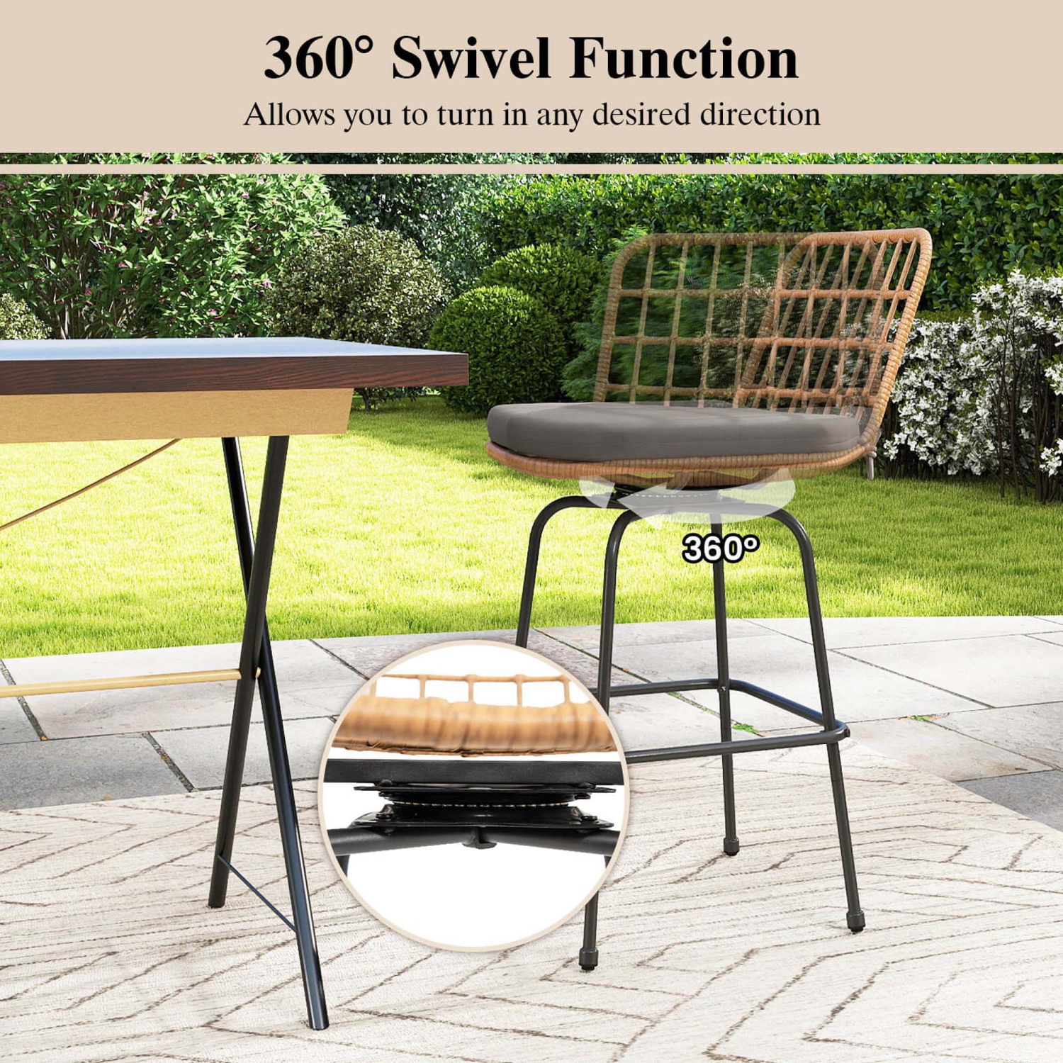 Costway Patio 360° Swivel Bar Stools Set of 2 with Backrests & Footrests Soft Seat Cushions