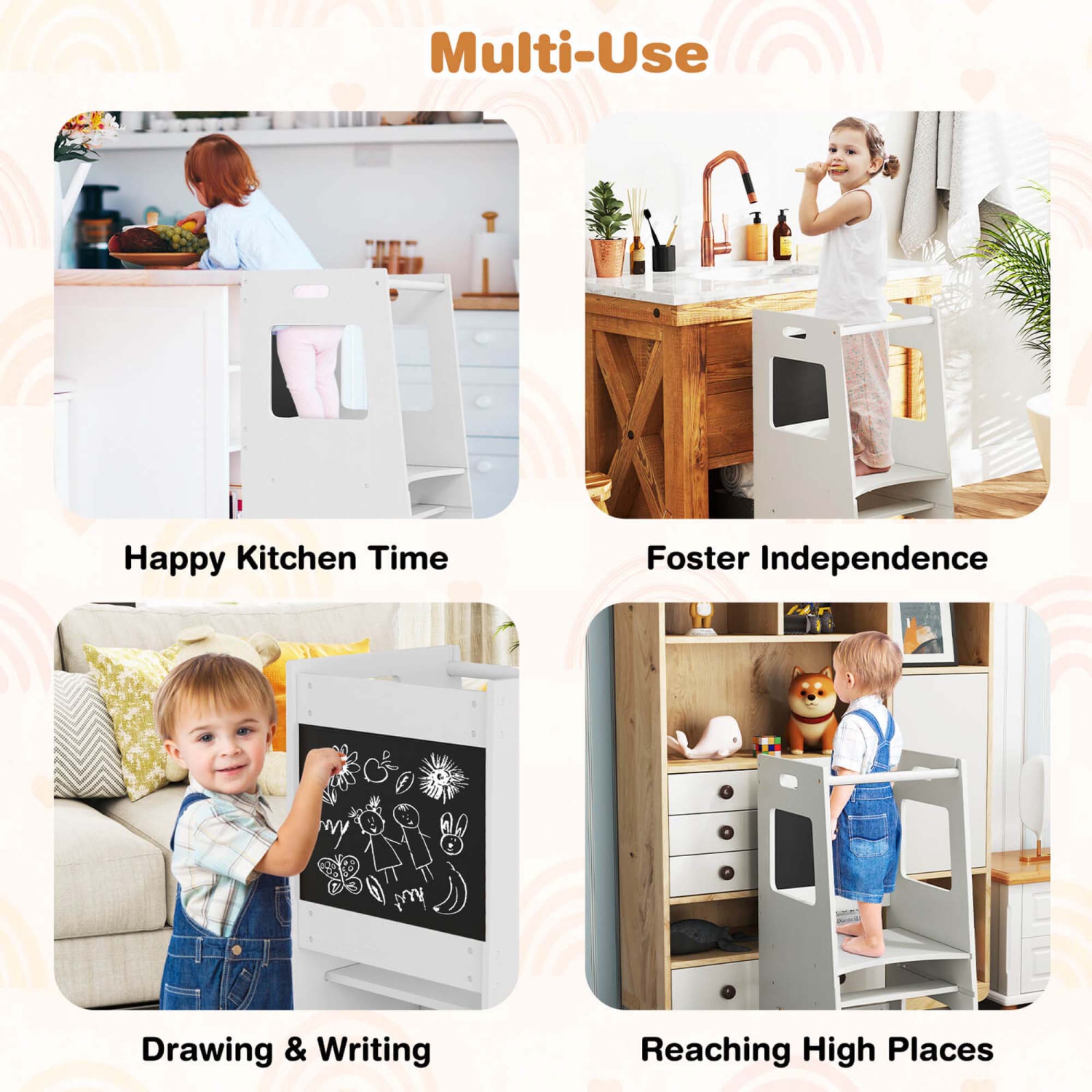 Escabeau de cuisine pour tout-petits de Costway avec tableau noir à hauteur réglable et rail de sécurité