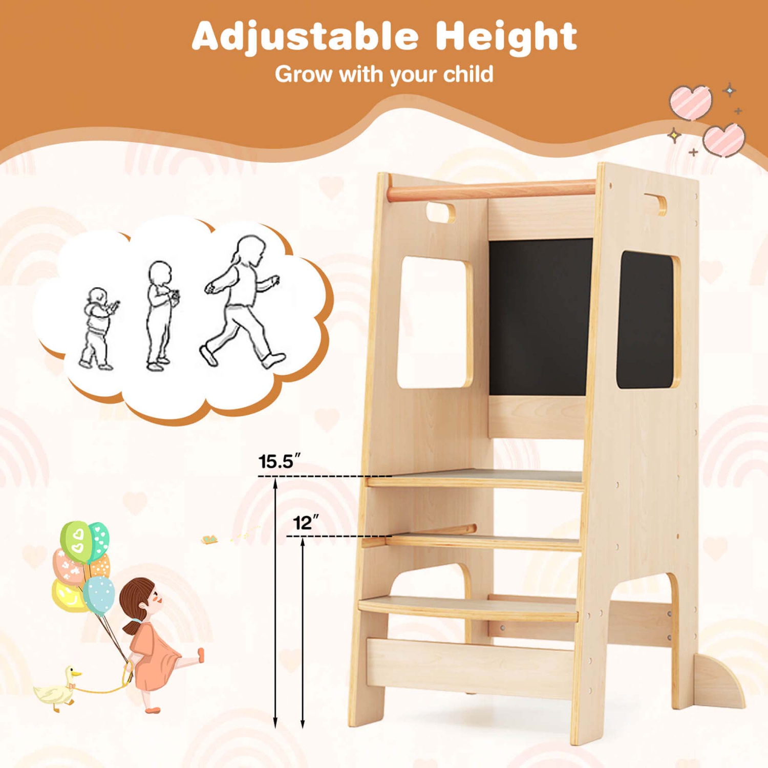 Costway Toddler Kitchen Step Stool with Activity Chalkboard Adjustable Height & Safety Rail