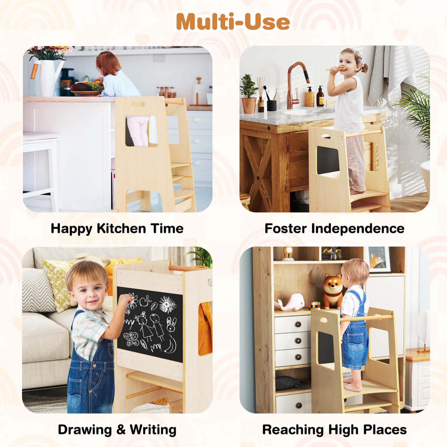 Costway Toddler Kitchen Step Stool with Activity Chalkboard Adjustable Height & Safety Rail