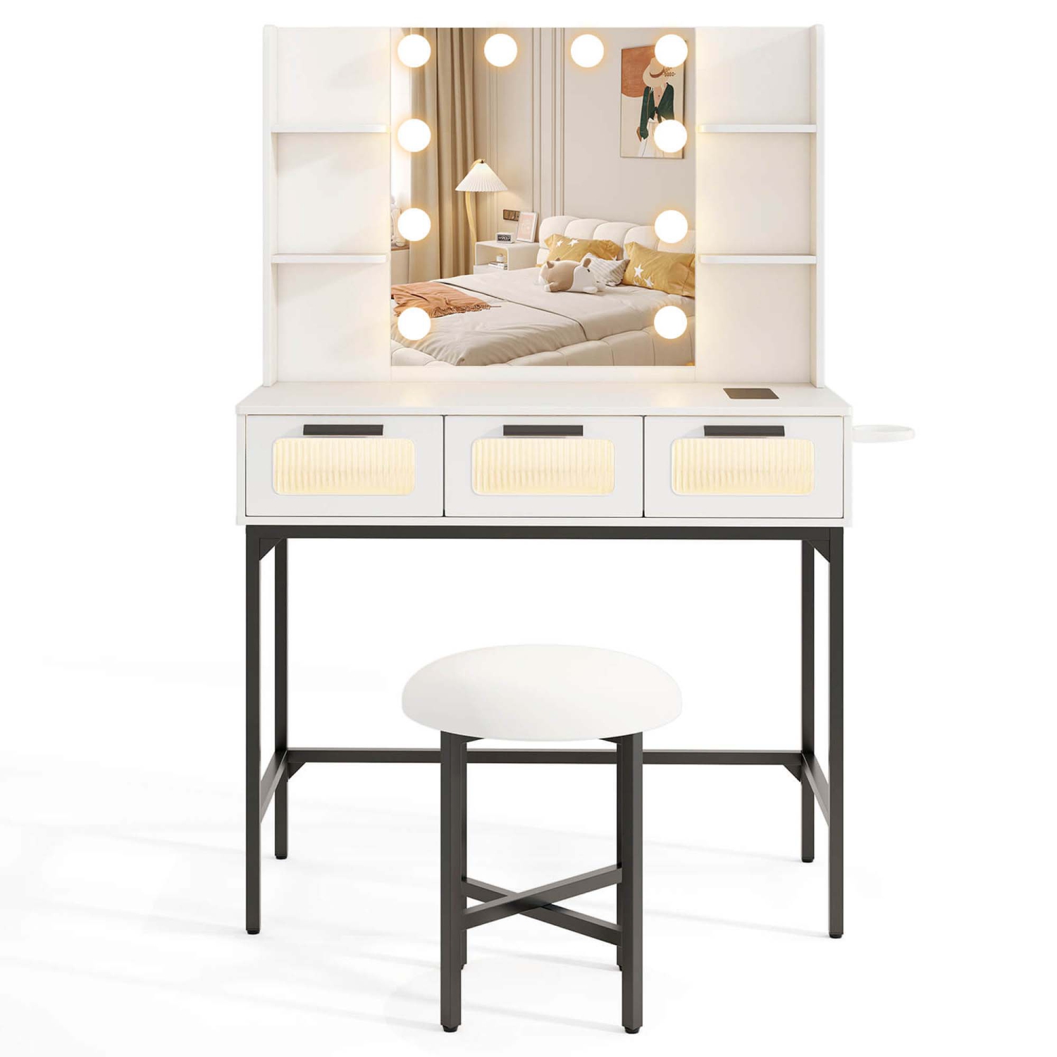 Costway Makeup Vanity Desk with Hollywood Mirror & Lights 3-Color Induction Lighting