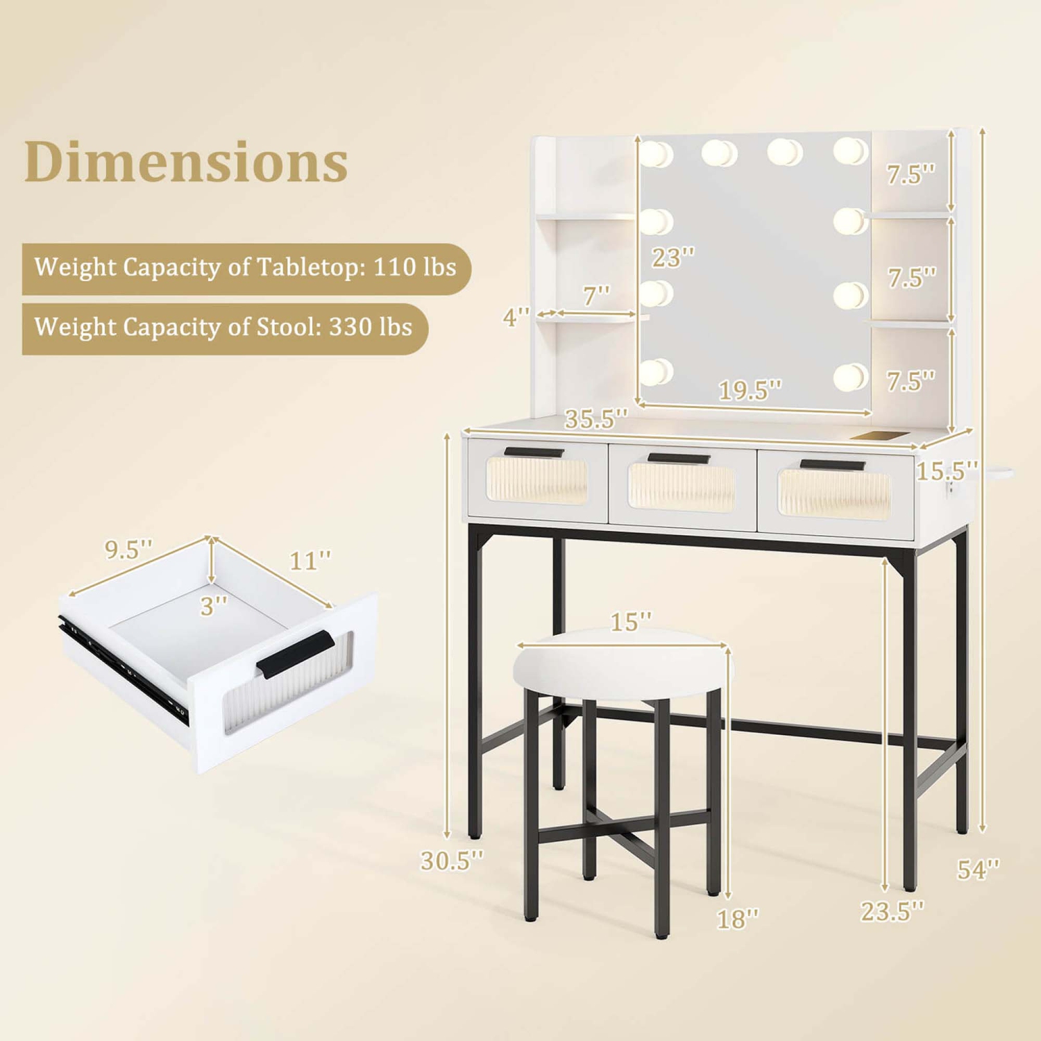 Costway Makeup Vanity Desk with Hollywood Mirror & Lights 3-Color Induction Lighting