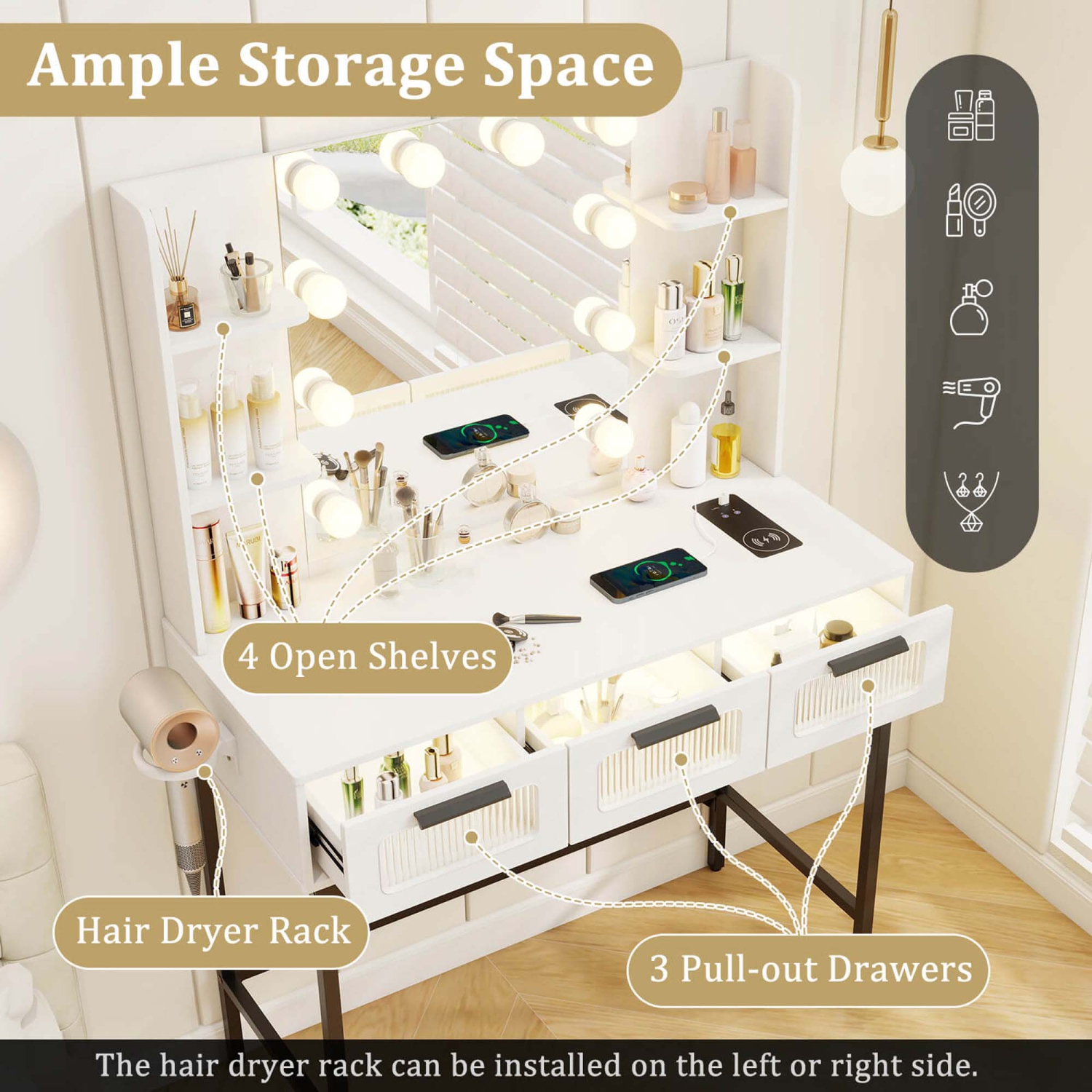 Costway Makeup Vanity Desk with Hollywood Mirror & Lights 3-Color Induction Lighting