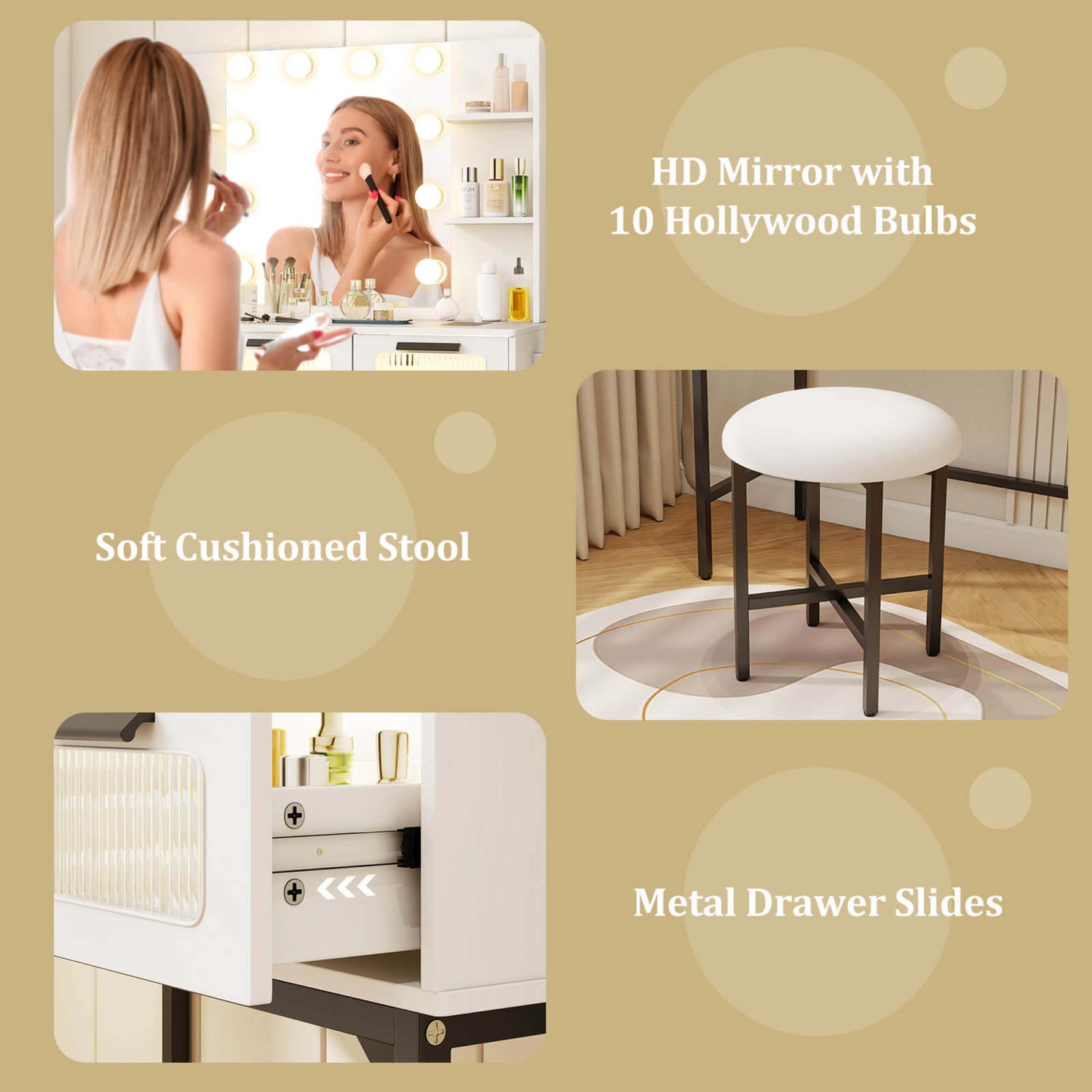 Costway Makeup Vanity Desk with Hollywood Mirror & Lights 3-Color Induction Lighting