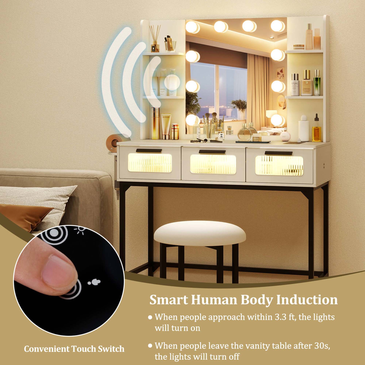 Costway Makeup Vanity Desk with Hollywood Mirror & Lights 3-Color Induction Lighting