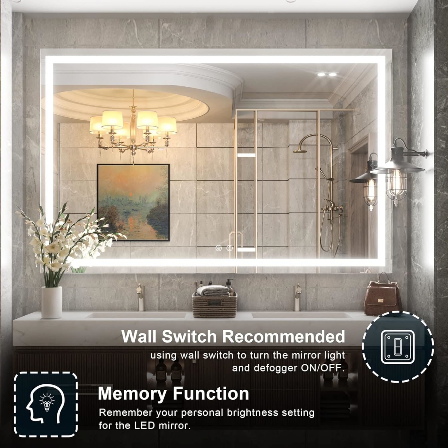 60 x 40 Bathroom LED Mirror Home Decor Vanity Makeup Mirror Dimmable Anti-Fog Wall Mounted Birthday Gift Wedding Gift