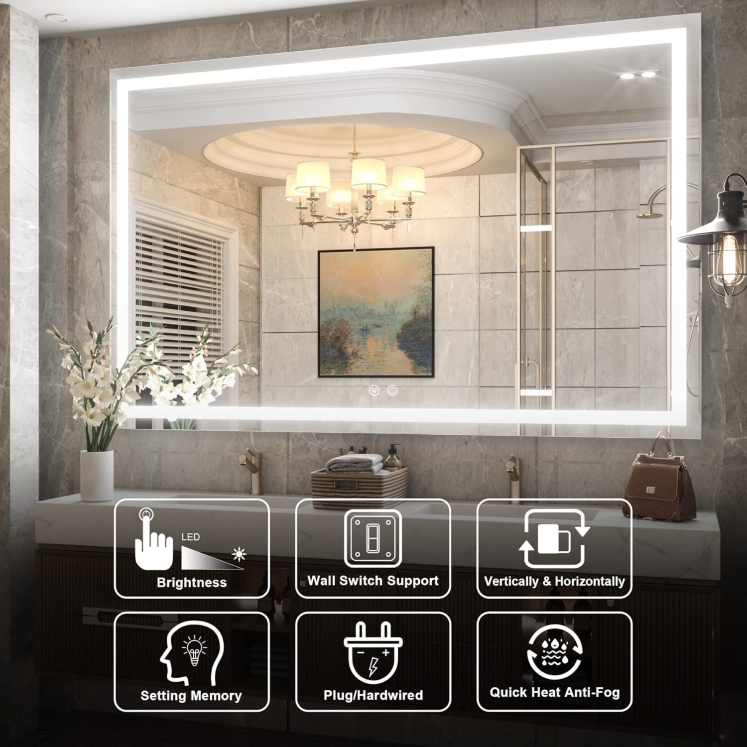 60 x 40 Bathroom LED Mirror Home Decor Vanity Makeup Mirror Dimmable Anti-Fog Wall Mounted Birthday Gift Wedding Gift