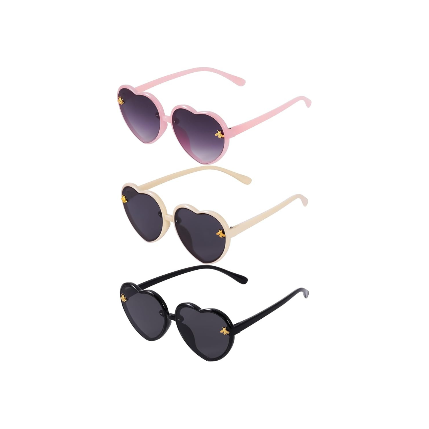 3 Pieces Kids Heart Shaped Sunglasses Stylish Cute Bee Sunglasses for Toddler Girls Age 3-10 Outdoor Beach Eyewear