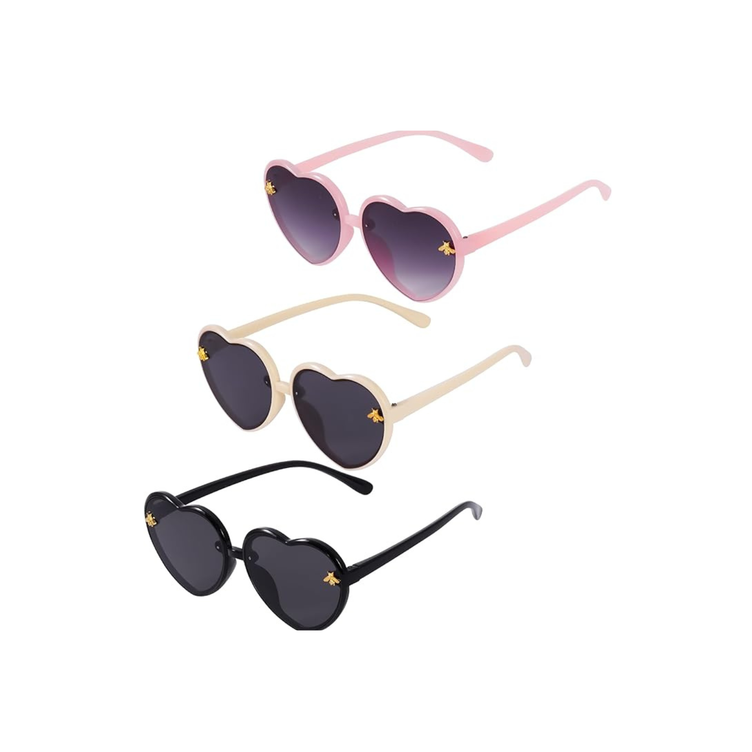 3 Pieces Kids Heart Shaped Sunglasses Stylish Cute Bee Sunglasses for Toddler Girls Age 3-10 Outdoor Beach Eyewear