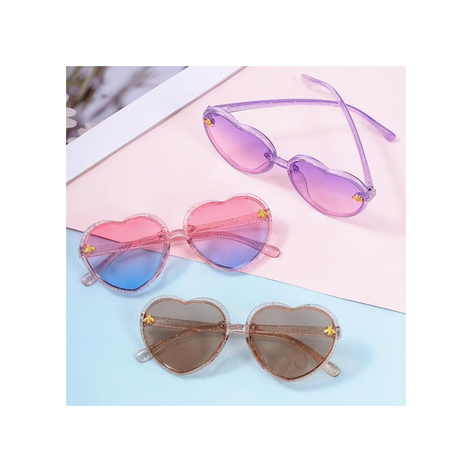 3 Pieces Kids Heart Shaped Sunglasses Stylish Cute Bee Sunglasses for Toddler Girls Age 3-10 Outdoor Beach Eyewear