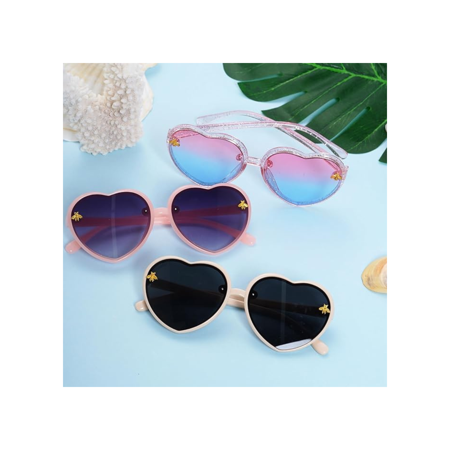 3 Pieces Kids Heart Shaped Sunglasses Stylish Cute Bee Sunglasses for Toddler Girls Age 3-10 Outdoor Beach Eyewear