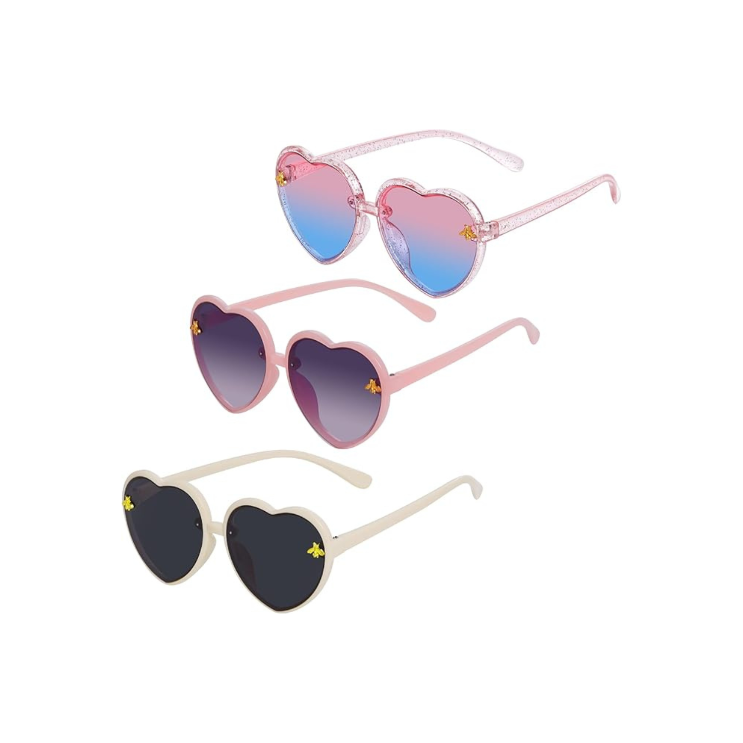 3 Pieces Kids Heart Shaped Sunglasses Stylish Cute Bee Sunglasses for Toddler Girls Age 3-10 Outdoor Beach Eyewear